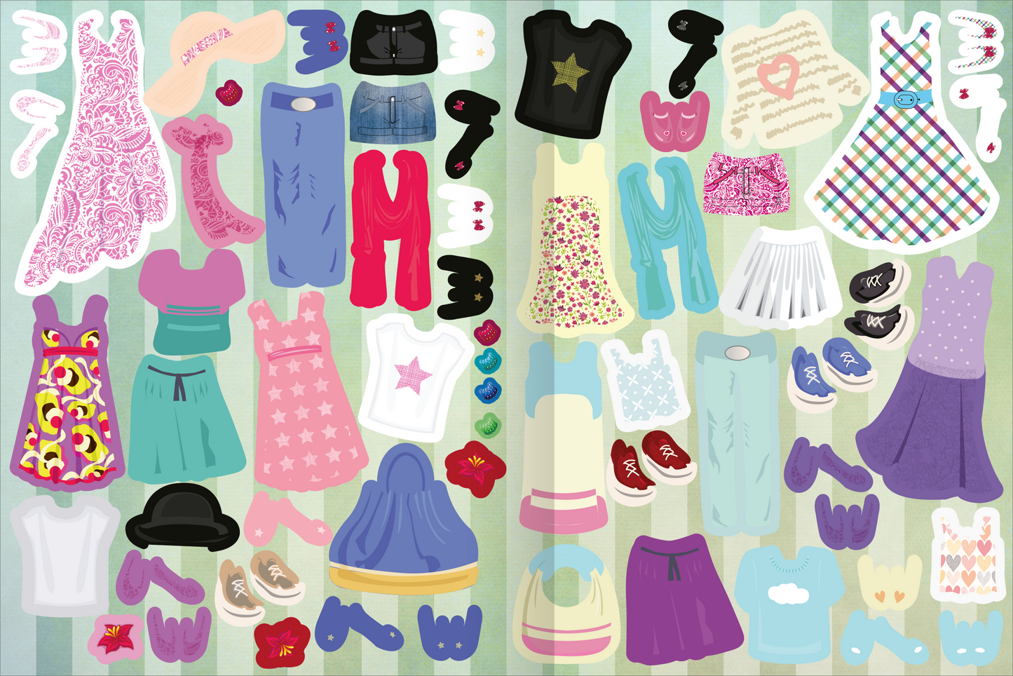 Gezeigt wird eine Innen- oder Zusatzansicht von „Das superdicke Stickerheft – Anziehpuppen“. Die Abbildung zeigt eine bunten Sammlung von Aufklebern, darunter Kleider, Hosen, Accessoires und Schuhe in lebhaften Farben wie Pink, Blau, Lila und Gelb. Die Typografie ist verspielt und kindgerecht, mit verschiedenen Schriftarten und Layouts. Die Elemente sind klar strukturiert und laden zum kreativen Gestalten ein. Im Hintergrund ist ein sanftes, gestreiftes Muster zu erkennen.