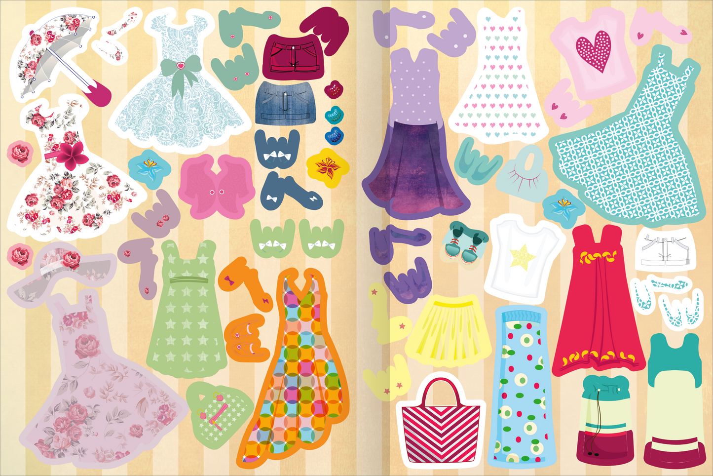 Gezeigt wird eine Innen- oder Zusatzansicht von „Das superdicke Stickerheft – Anziehpuppen“. Die Seite präsentiert bunte Sticker mit verschiedenen Kleidungsstücken und Accessoires für Anziehpuppen. Dominierende Farben sind Pastelltöne, darunter Rosa, Grün und Blau. Die Typografie ist verspielt und kinderfreundlich, mit klaren, großen Schriftzügen. Die Anordnung der Sticker ist chaotisch, was visuelle Vielfalt und Kreativität anregt.