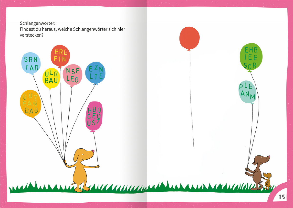 Gezeigt wird eine Innenansicht von „Mein dickes Ferien-Rätselbuch“. Die Seite ist leuchtend gelb hinterlegt und zeigt zwei spielende Hunde, die bunte Ballons halten. Die Ballons sind in verschiedenen Farben und enthalten Buchstabenkombinationen, während eine Frage am oberen Rand steht. Die Schrift ist klar und gut lesbar, in einer spielerischen, kindgerechten Typografie. Die Illustration vermittelt eine fröhliche, einladende Atmosphäre und fördert das Rätseln.