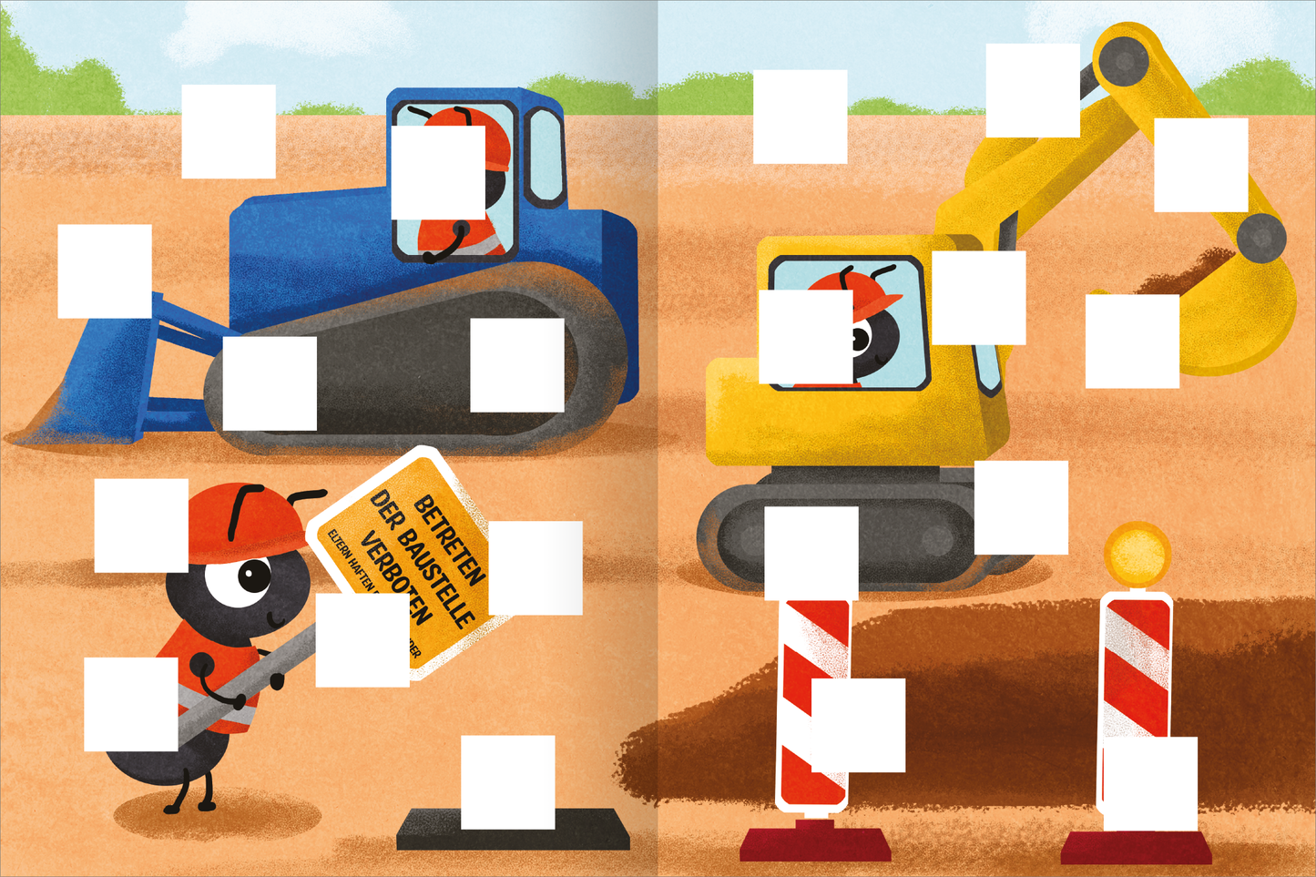 Gezeigt wird eine Innen- oder Zusatzansicht von „Meine Puzzle-Sticker – Baustelle“. Die Illustration zeigt eine lebendige Baustelle mit einem blauen und einem gelben Baufahrzeug. Im Vordergrund steht eine aufmerksame Ameise in einem roten Helm, die ein Schild mit der Aufschrift „Bereit für die Baustelle!“ hält. Die Farben sind hell und freundlich, mit einem sandigen Hintergrund und bunten Verkehrszeichen, was der Szene eine spielerische Atmosphäre verleiht.