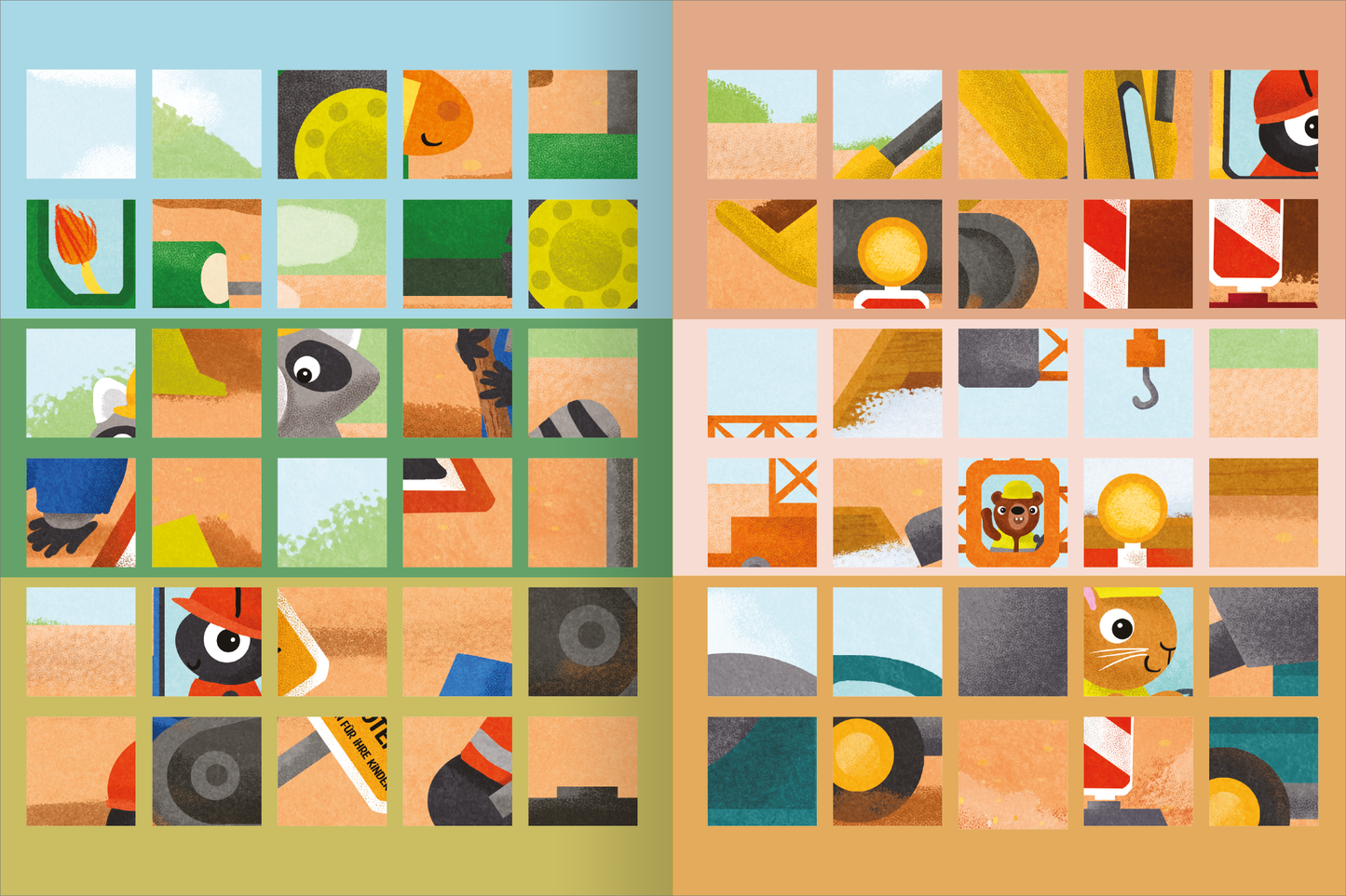 Gezeigt wird eine Innen- oder Zusatzansicht von „Meine Puzzle-Sticker – Baustelle“. Die Illustration zeigt bunte Puzzleteile mit verschiedenen Baustellenmotiven, darunter Baumaschinen, Werkzeuge und Tiere. Die Farbpalette umfasst lebendige Töne wie Gelb, Orange, Grün und Blau, die eine fröhliche und einladende Atmosphäre schaffen. Die Typografie ist spielerisch und kindgerecht, was die Neugier der jungen Leser anregt.