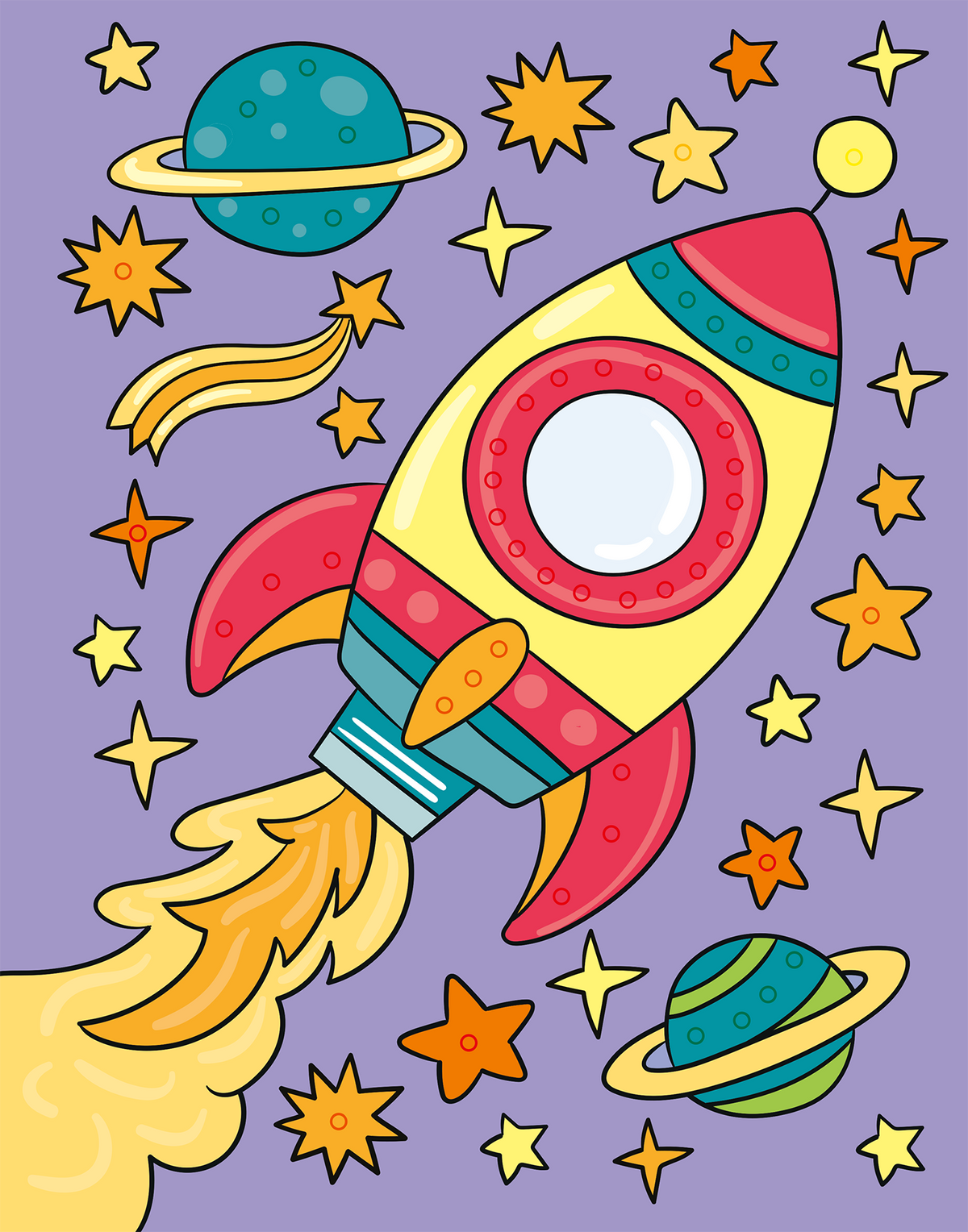 Gezeigt wird eine Innen- oder Zusatzansicht von „Mein Diamant-Stickerheft – Weltall“. Die Illustration zeigt eine bunte Rakete in leuchtenden Farben wie Rot, Gelb und Blau, umgeben von verschiedenen Planeten und goldenen Sternen auf einem lila Hintergrund. Die Rakete hat kreisförmige Fenster und eine stilisierte Abgasstrahl. Die fröhliche, kindgerechte Typografie unterstreicht das Weltraummotiv, das die Fantasie anregt und zum Experimentieren einlädt.