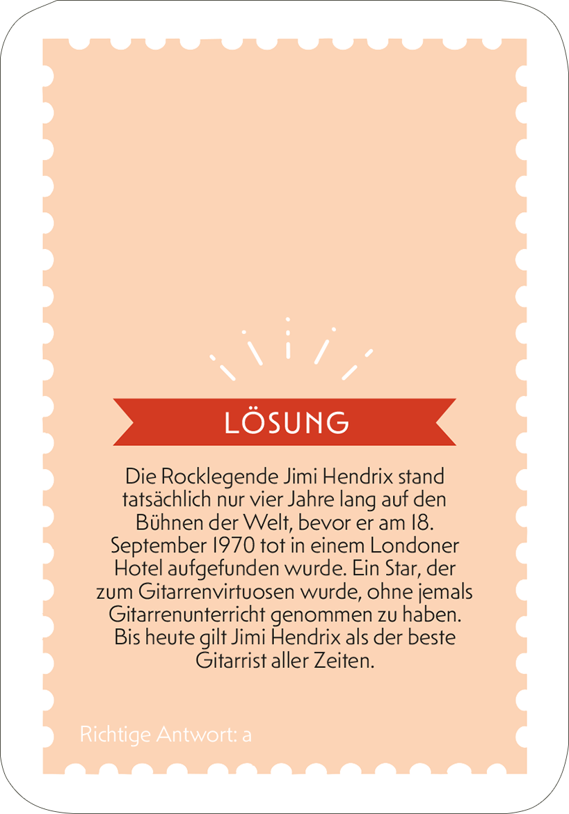 Gezeigt wird eine Innen- oder Zusatzansicht von „Das ultimative Ruhestand-Quiz“. Der Hintergrund ist in sanften Apricot-Tönen gehalten und hat eine gestanzte Briefmarkenform. In der Mitte befindet sich ein rotes Banner mit dem Wort „LÖSUNG“ in großer, klarer Schrift. Der Text darunter informiert über Jimi Hendrix und ist in einer gut lesbaren, neutralen Typografie geschrieben. Der gesamte Eindruck vermittelt eine einladende und informative Atmosphäre.