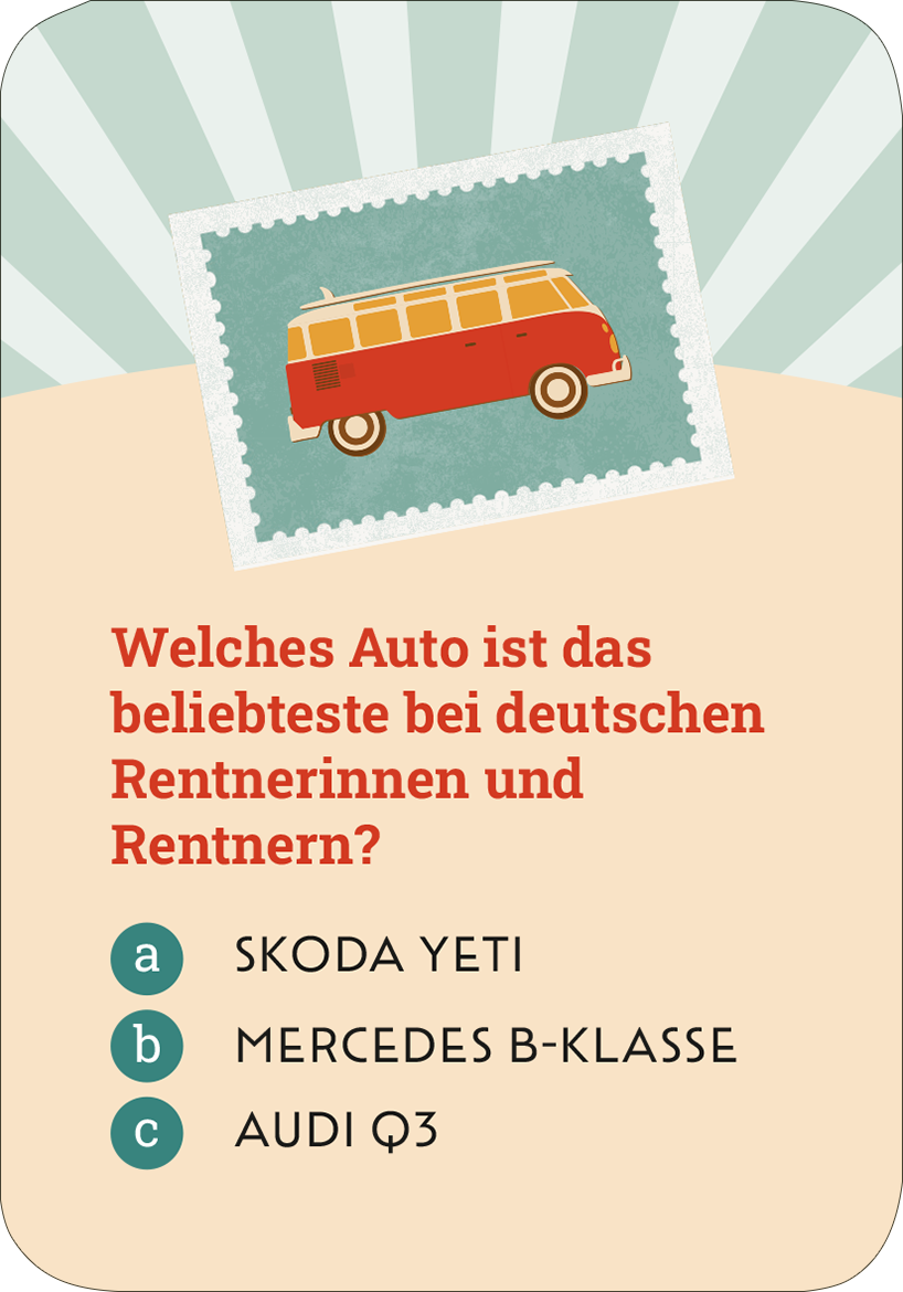 Gezeigt wird eine Innen- oder Zusatzansicht von „Das ultimative Ruhestand-Quiz“. Die Darstellung zeigt eine farbenfrohe Quizkarte mit einem hellblauen Hintergrund und strahlenförmigen Elementen. In der Mitte befindet sich ein nostalgisches Bild eines roten VW-Busses auf einer Briefmarke. Der Text „Welches Auto ist das beliebteste bei deutschen Rentnerinnen und Rentnern?“ ist prominent in einer modernen, gut lesbaren Schriftart gehalten. Unten sind die Antwortmöglichkeiten „a) SKODA...