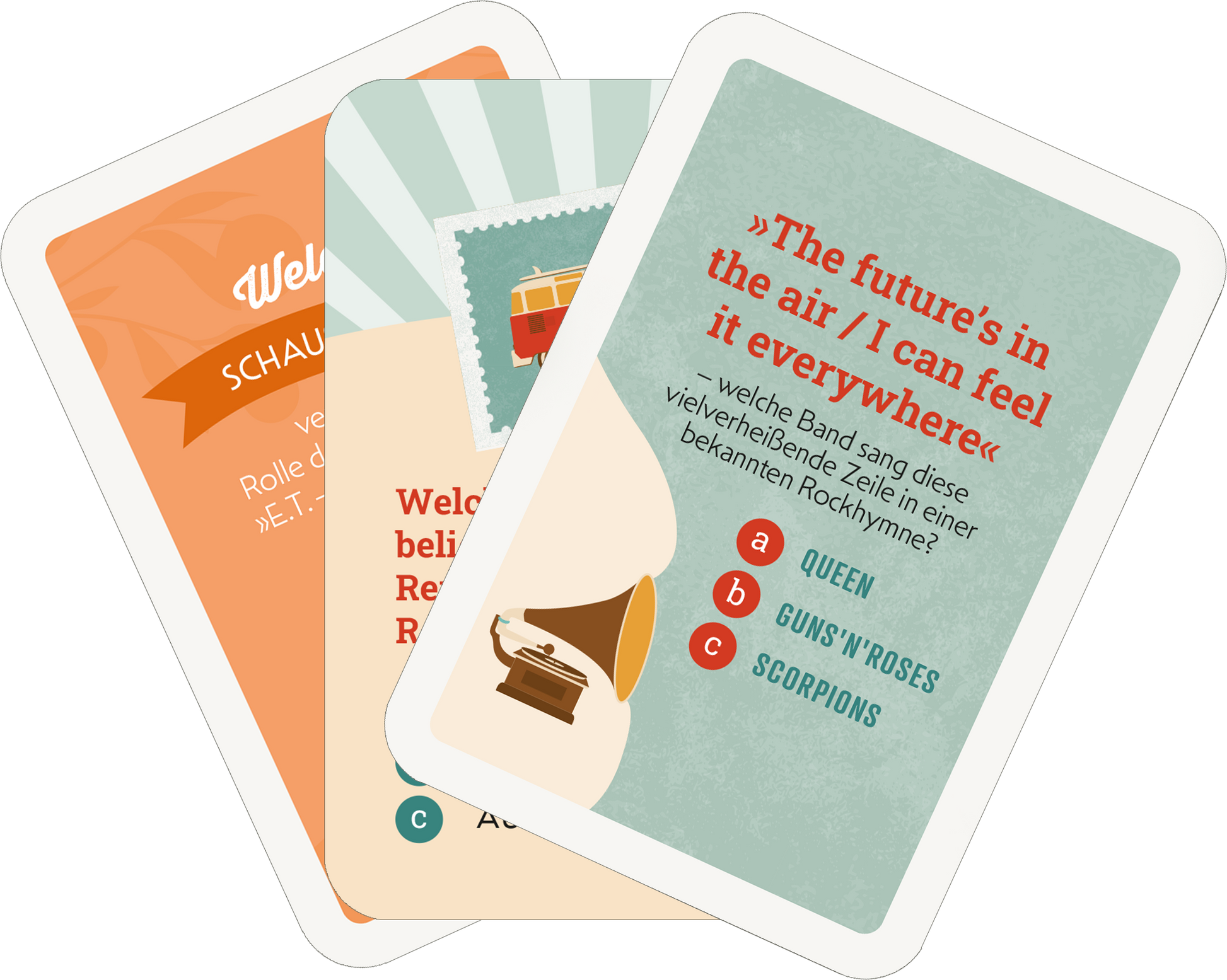 Gezeigt wird eine Innen- oder Zusatzansicht von „Das ultimative Ruhestand-Quiz“. Die Abbildung zeigt drei Karten mit bunten Hintergründen in Orange, Blau und einem Streifenmuster. Auf der linken Karte steht ein einladender Text. Die mittlere Karte enthält eine Frage zu einem Song und ein symbolisches Bild eines Grammophon. Die rechte Karte listet drei Antwortmöglichkeiten auf, hervorgehoben durch eine klare Typografie. Die Farbgestaltung und das Layout sind ansprechend und...