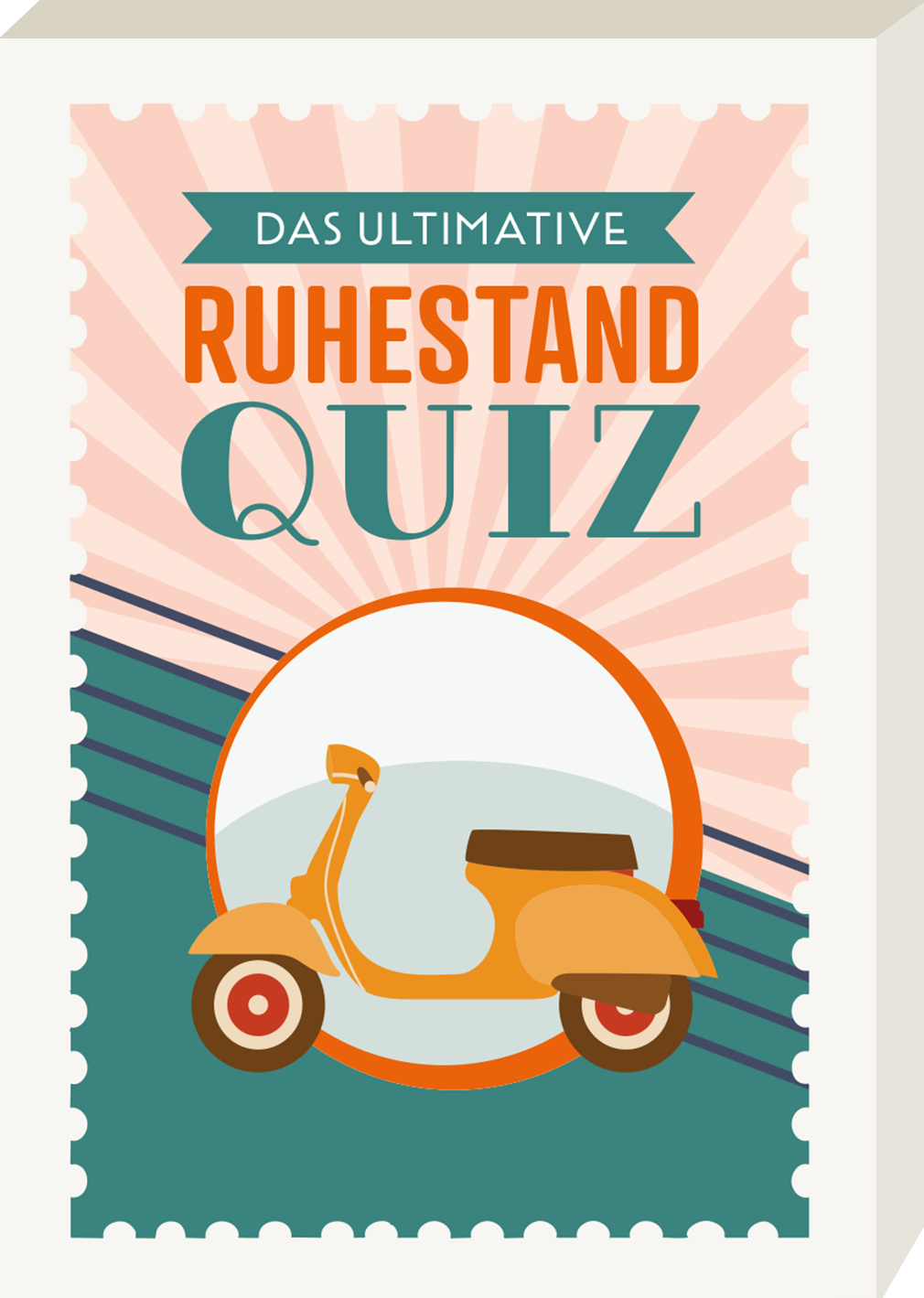 Das Cover zeigt einen spielerischen, illustrativen Stil. Im oberen Bereich steht in mintgrüner Schrift „DAS ULTIMATIVE“ auf einem dunkelblauen Banner. Darunter prangt der Titel „RUHESTAND QUIZ“ in großen, orangefarbenen Buchstaben. Eine abgebildete alte, gelbe Vespa mit braunem Sitz ist zentriert in einem orangen Kreis. Radiant gepunktete Strahlen in sanften Rosatönen schaffen eine einladende Atmosphäre. Ganz unten mittig steht der Logoschriftzug von arsEdition.