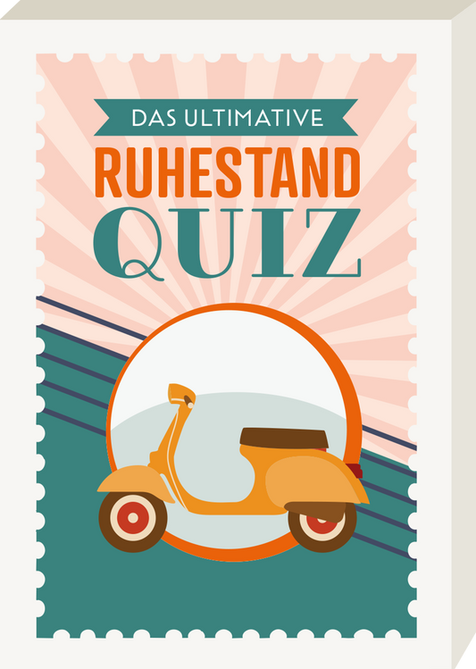 Das Cover zeigt einen spielerischen, illustrativen Stil. Im oberen Bereich steht in mintgrüner Schrift „DAS ULTIMATIVE“ auf einem dunkelblauen Banner. Darunter prangt der Titel „RUHESTAND QUIZ“ in großen, orangefarbenen Buchstaben. Eine abgebildete alte, gelbe Vespa mit braunem Sitz ist zentriert in einem orangen Kreis. Radiant gepunktete Strahlen in sanften Rosatönen schaffen eine einladende Atmosphäre. Ganz unten mittig steht der Logoschriftzug von arsEdition.
