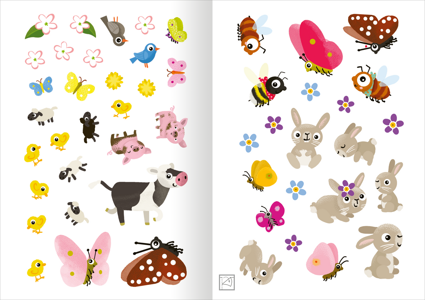 Gezeigt wird eine Innen- oder Zusatzansicht von „Stickerspaß Frühling WWS“. Die Seiten sind mit bunten, fröhlichen Aufklebern gestaltet, die verschiedene Frühlingsmotive darstellen. Zu sehen sind unter anderem bunte Schmetterlinge, kleine Vögel, Blumen und niedliche Tierchen wie Kühe und Hasen. Die Farben sind lebhaft und vielfältig, mit dominierenden Rosa-, Gelb- und Grüntönen. Die Beschriftungen sind in klarer, gut lesbarer Typografie gehalten, die Kinder anspricht und zum...