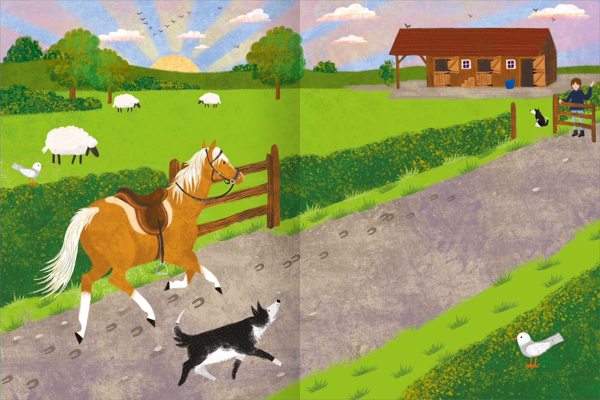 Gezeigt wird eine Innen- oder Zusatzansicht von „Mein Pferde-Stickerheft“. Die Illustration zeigt eine ländliche Szene mit einem braunen Pferd, das auf einem Weg mit Pfotenabdrücken zur Stallung geht. Im Hintergrund erhebt sich ein Holzhäuschen, umgeben von saftigem Grün, Bäumen und Schafen. Der Himmel ist in sanften Pastellfarben gehalten, mit einer aufgehenden Sonne. Ein kleiner Hund und Vögel vervollständigen die lebendige Darstellung. Die farbenfrohe, verspielte Typografie ist...