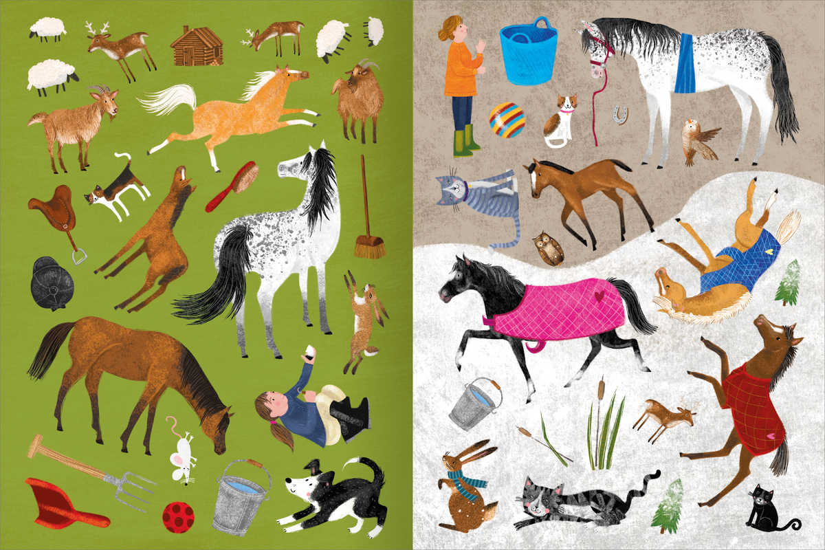 Gezeigt wird eine Innen- oder Zusatzansicht von „Mein Pferde-Stickerheft“. Die farbenfrohe Illustration ist in zwei Hälften unterteilt: Links sind verschiedene Tiere wie Pferde, Schafe, Hunde und Katzen auf einem grünen Hintergrund abgebildet. Rechts erscheinen zur winterlichen Szene gehörende Pferde in bunten Decken, umgeben von einem Jungen und weiteren Tieren auf hellem Grund. Die fröhliche Typografie und die lebendigen Farben schaffen eine einladende Atmosphäre für Kinder.