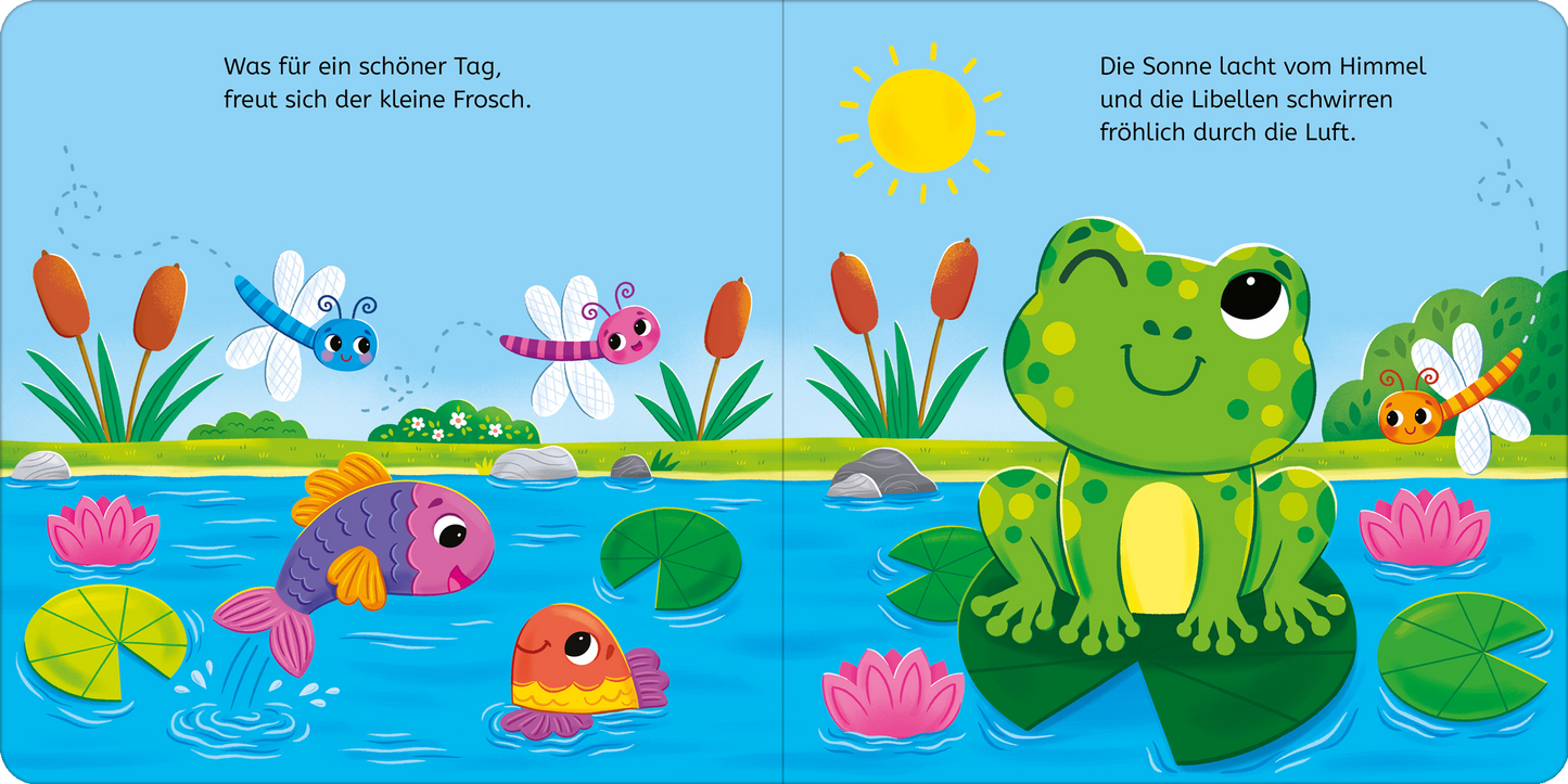 Gezeigt wird eine Innen- oder Zusatzansicht von „Kuckuck, kleiner Frosch!“. Auf der Doppelseite sind ein fröhlicher, grüner Frosch sowie bunte Fische in einem blauen Gewässer zu sehen. Rote und gelbe Libellen fliegen umher, während rote und pinke Seerosen im Wasser treiben. Im Hintergrund strahlt eine gelbe Sonne am Himmel und grüne Pflanzenrahmen das Bild ein. Die Schrift ist kindgerecht und farbenfroh gestaltet, passend zum verspielten Layout.