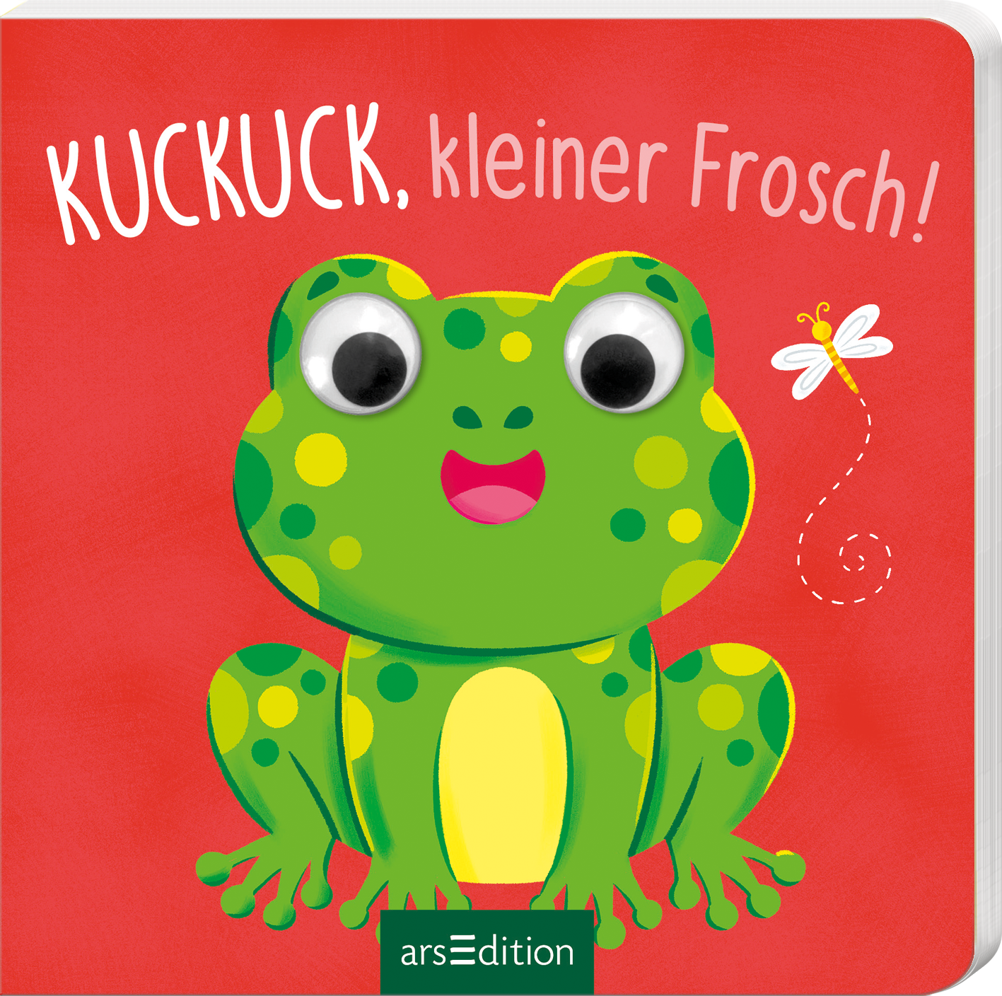 Auf dem Cover mit rotem Hintergrund sitzt ein fröhlicher, grüner Frosch mit großen, runden Augen und gelben Punkten. Über ihm steht in verspielter, weißer Schrift der Titel „KUCUK, kleiner Frosch!“. Neben dem Frosch fliegt eine kleine, weiße Libelle. Die Atmosphäre ist kindlich und einladend. Ganz unten mittig steht der Logoschriftzug von arsEdition.