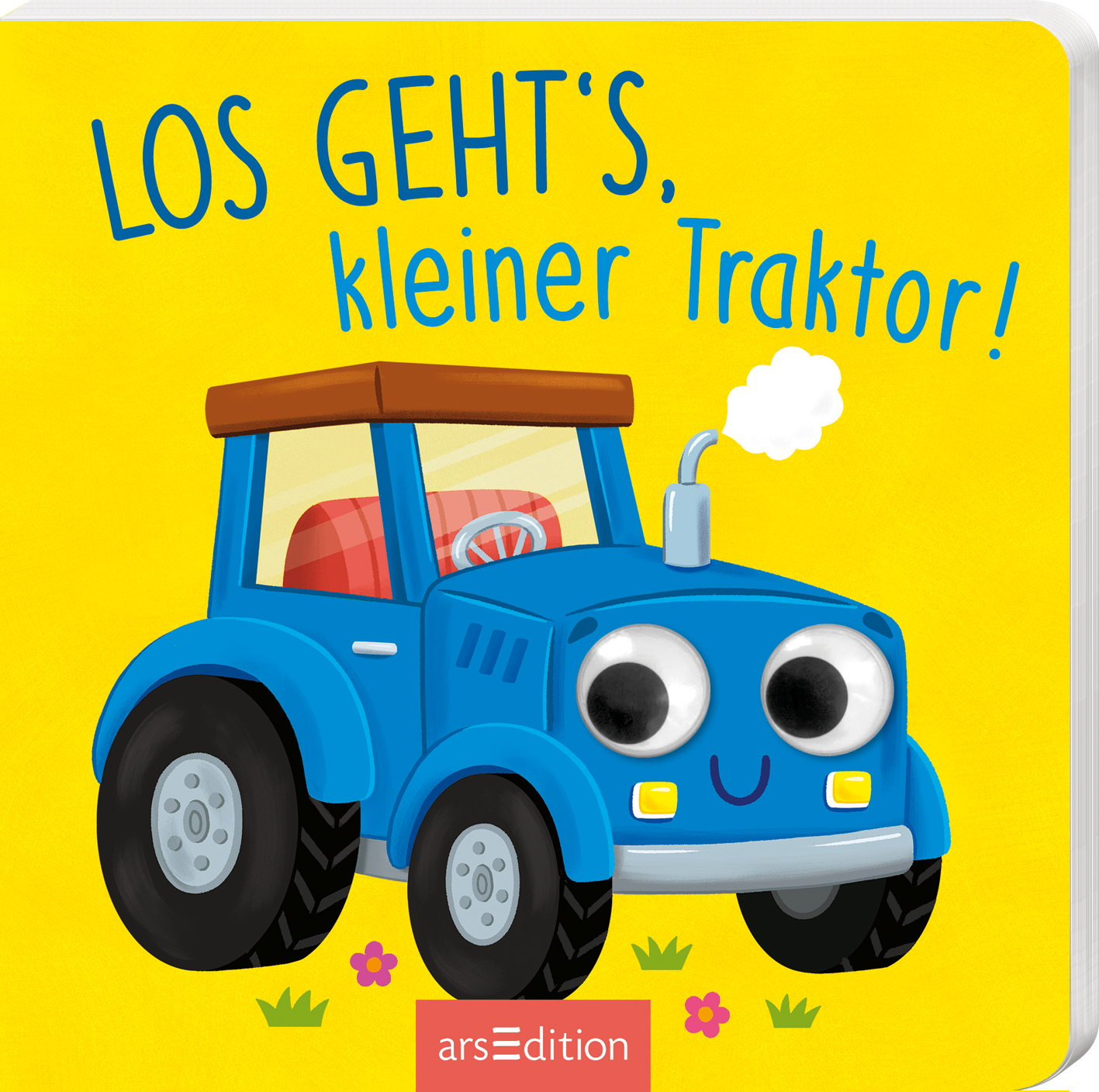 Auf dem Buchcover ist ein lächelnder blauer Traktor mit großen, runden Augen abgebildet. Der Traktor hat eine braune Kabine und eine kleine Rauchwolke, die aus dem Auspuff aufsteigt. Der Hintergrund ist in leuchtendem Gelb gehalten, was eine fröhliche Atmosphäre schafft. Über dem Traktor steht in geschwungener Schrift „LOS GEHT'S, kleiner Traktor!“. Ganz unten mittig steht der Logoschriftzug von arsEdition.