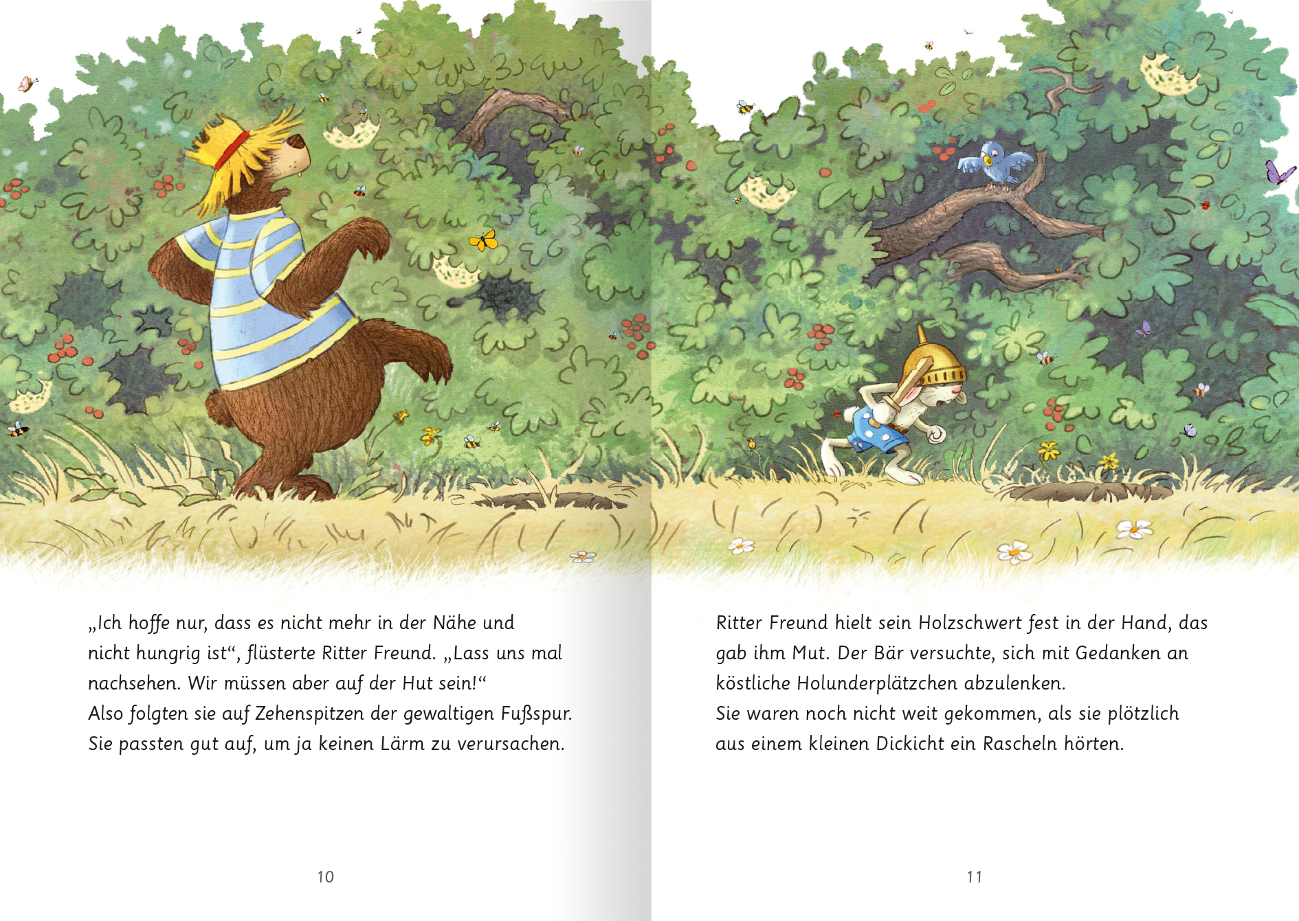 Gezeigt wird eine Innen- oder Zusatzansicht von „Hase und Holunderbär – Bärenstarke Freundschaftsgeschichten“. Die Szene zeigt zwei Charaktere, einen Bären in gestreiftem Oberteil und einen Hasen in einer gelben Mütze, die in einer bunten, von Bäumen und Sträuchern umgebenen Landschaft agieren. Die Illustrationen sind lebhaft mit natürlichen Farben, wobei die Umschlagschrift verspielt und kindgerecht gestaltet ist. Die Bildsymbole signalisieren Abenteuer und Freundschaft,...