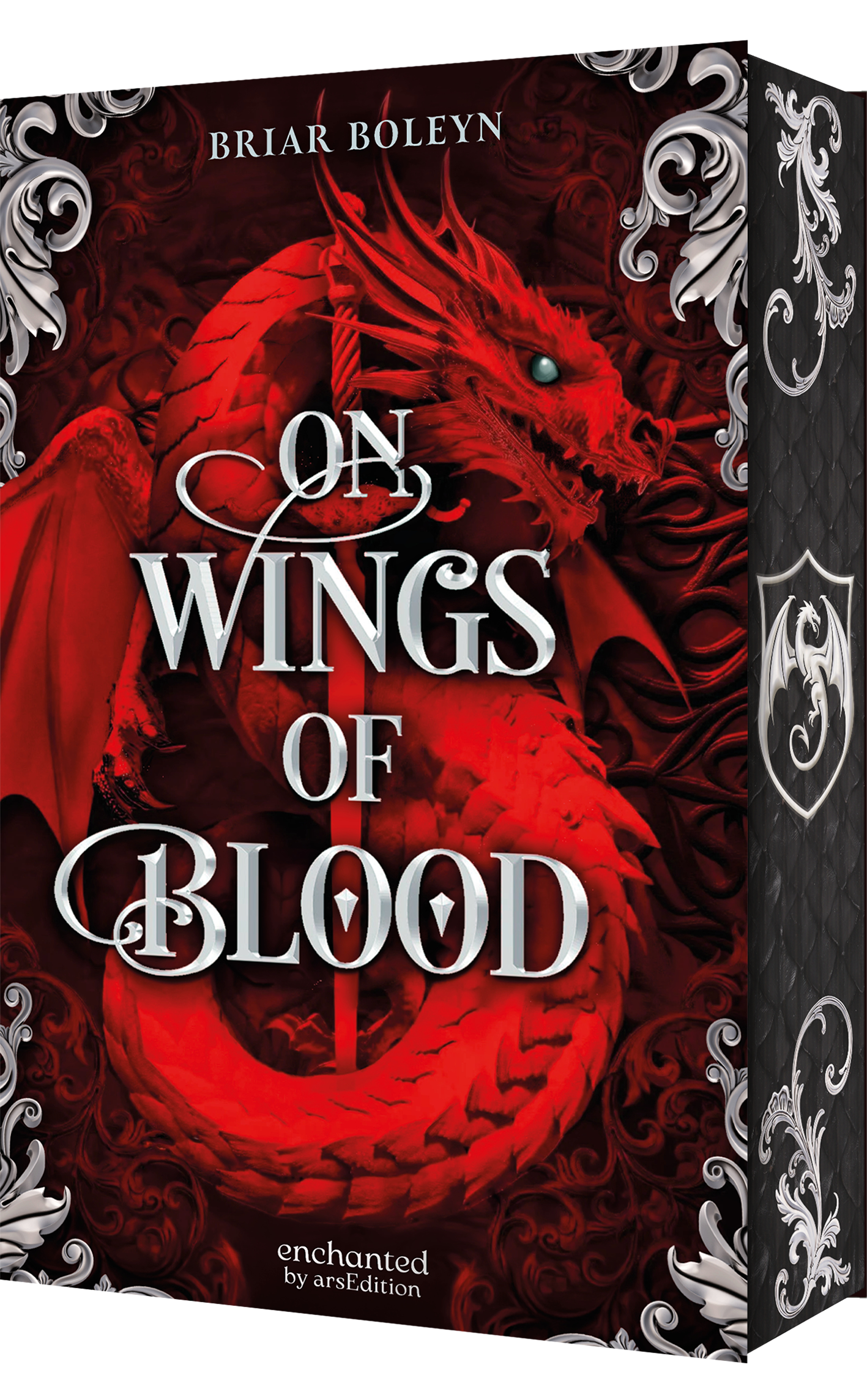 Auf dem Cover von „On Wings of Blood“ von Briar Boleyn dominiert ein lebendiger roter Drache, der majestätisch auf dunklem Hintergrund thront. Die Schriftzüge sind in eleganten, geschwungenen Schriftarten gehalten. Der Titel hebt sich in prägnantem Weiß hervor, während der Zusatz „enchanted“ kleiner und in Silber gehalten ist. Ornate Verzierungen umrahmen das Cover und verleihen ihm eine mystische Atmosphäre. Oben rechts befindet sich ein SPIEGEL-Bestseller-Button mit dem Text...