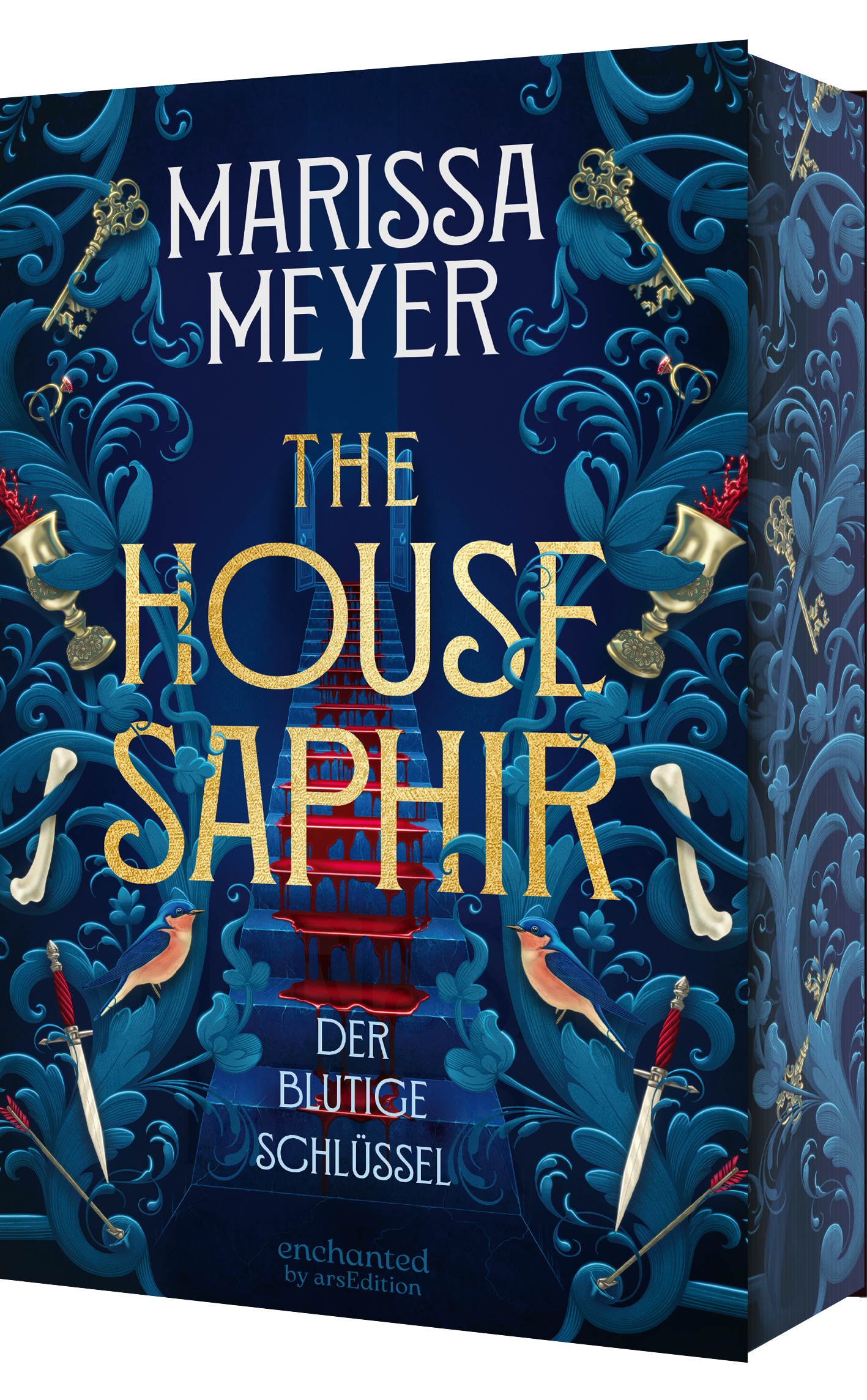 Das Buchcover zeigt eine opulente, tiefe blaue Farbgebung, die von eleganten, floralen Mustern umgeben ist. In der Mitte steht der Titel „THE HOUSE SAPHIR“ in großen, goldenen Buchstaben, während der Zusatz „DER BLUTIGE SCHLÜSSEL“ darunter in einem schmaleren, weißen Schriftzug platziert ist. Oberhalb des Titels findet sich der Name der Autorin Marissa Meyer. Ein SPIEGEL-Bestseller-Button ist in der oberen Ecke zu sehen. Ganz unten mittig steht der Logoschriftzug von arsEdition.