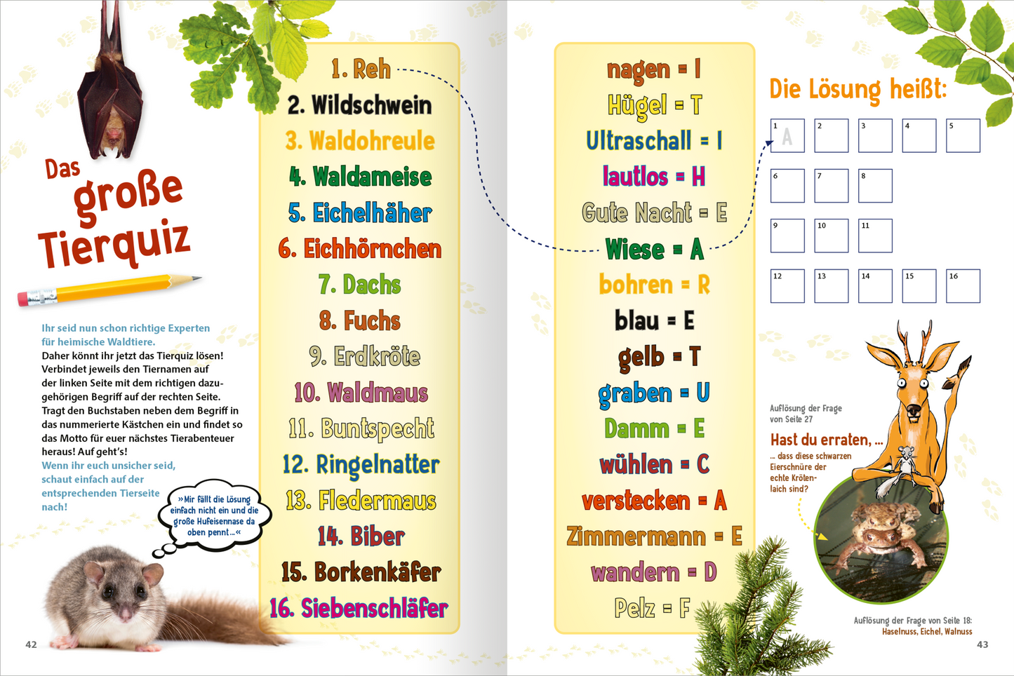 Gezeigt wird eine Innenansicht von „Unsere Wälder“. Auf der Doppelseite befindet sich ein Tierquiz mit bunten Zahlen und Illustrationen, die verschiedene Tiere darstellen. Der Hintergrund ist hellgrün mit pflanzlichen Elementen, was die Verbindung zur Natur unterstreicht. Die Schrift ist klar und gut lesbar, die Fragen sind in mehreren Farben hervorgehoben. Auf der rechten Seite sind zusätzliche Lücken für die Lösungen zu finden, um das Quiz interaktiv zu gestalten.