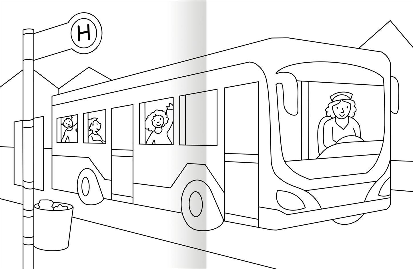 Gezeigt wird eine Innenansicht von „Malbuch Fahrzeuge“. Das Bild zeigt einen Linienbus, der an einer Haltestelle hält. Auf der linken Seite steht ein Haltestellen-Schild mit dem Buchstaben „H“. Innerhalb des Busses sind Passagiere abgebildet, die fröhlich aussehen. Die Illustration ist in einfachen, klaren Linien gehalten und eignet sich gut zum Ausmalen. Der Hintergrund besteht aus vereinfachten Gebäuden, die den Kontext der urbanen Umgebung verdeutlichen.
