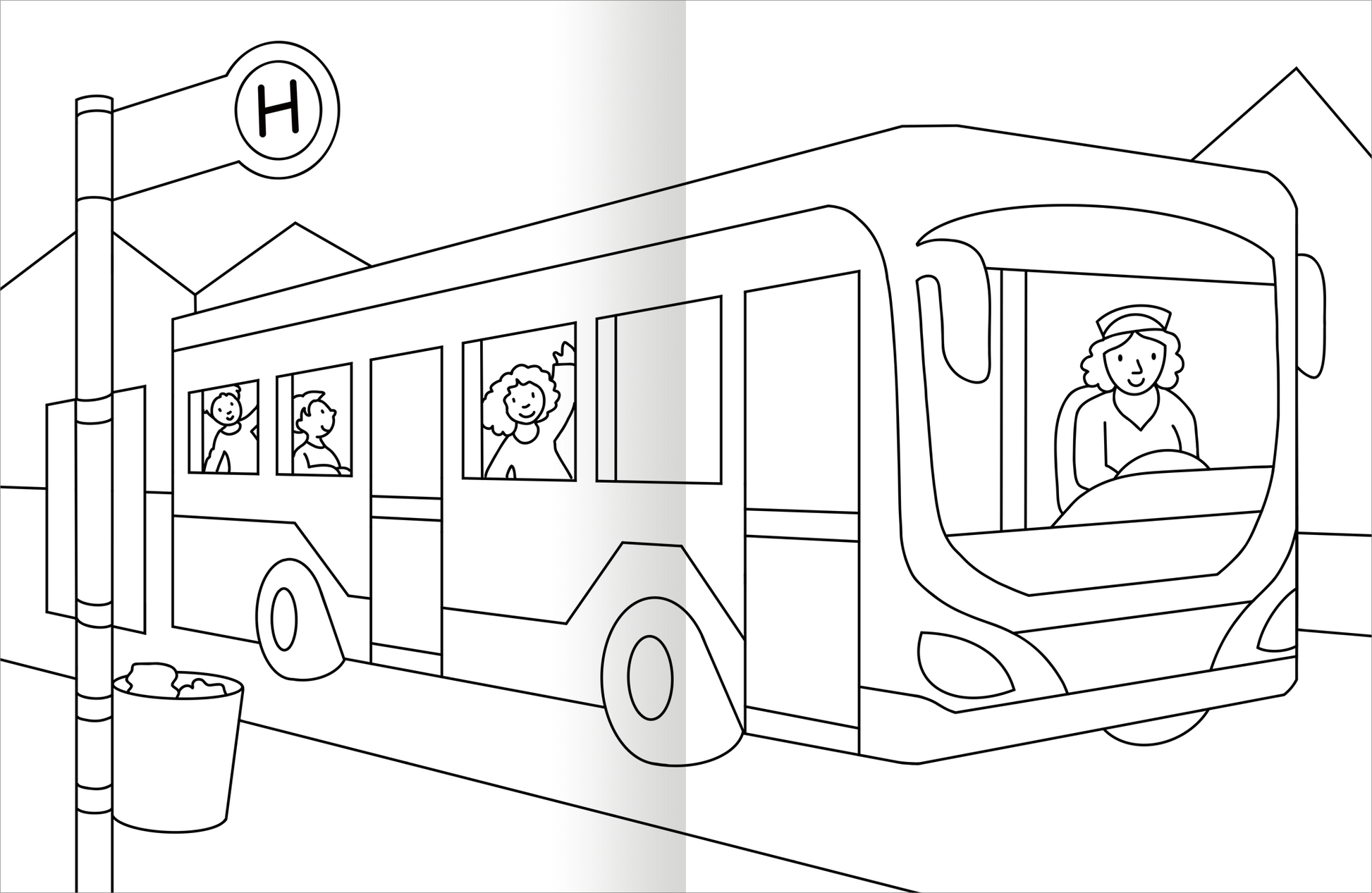 Gezeigt wird eine Innenansicht von „Malbuch Fahrzeuge“. Das Bild zeigt einen Linienbus, der an einer Haltestelle hält. Auf der linken Seite steht ein Haltestellen-Schild mit dem Buchstaben „H“. Innerhalb des Busses sind Passagiere abgebildet, die fröhlich aussehen. Die Illustration ist in einfachen, klaren Linien gehalten und eignet sich gut zum Ausmalen. Der Hintergrund besteht aus vereinfachten Gebäuden, die den Kontext der urbanen Umgebung verdeutlichen.