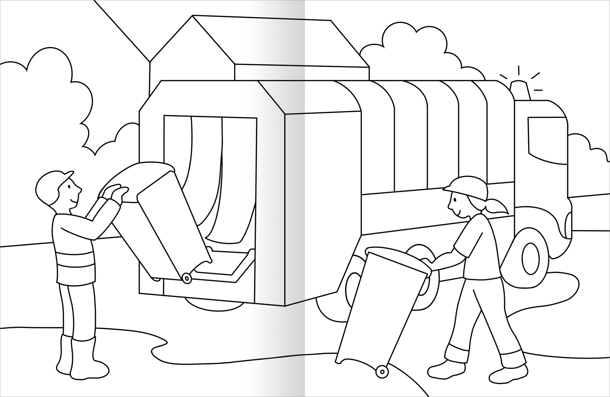 Gezeigt wird eine Innen- oder Zusatzansicht von „Malbuch Fahrzeuge“. Die Darstellung zeigt zwei Personen, die mit Mülltonnen arbeiten, während ein Müllwagen im Hintergrund steht. Die Figuren sind in einem einfachen, konturenreichen Stil gehalten und tragen Arbeitskleidung. Die Umgebung ist mit Bäumen und einem Wohnhaus skizziert.