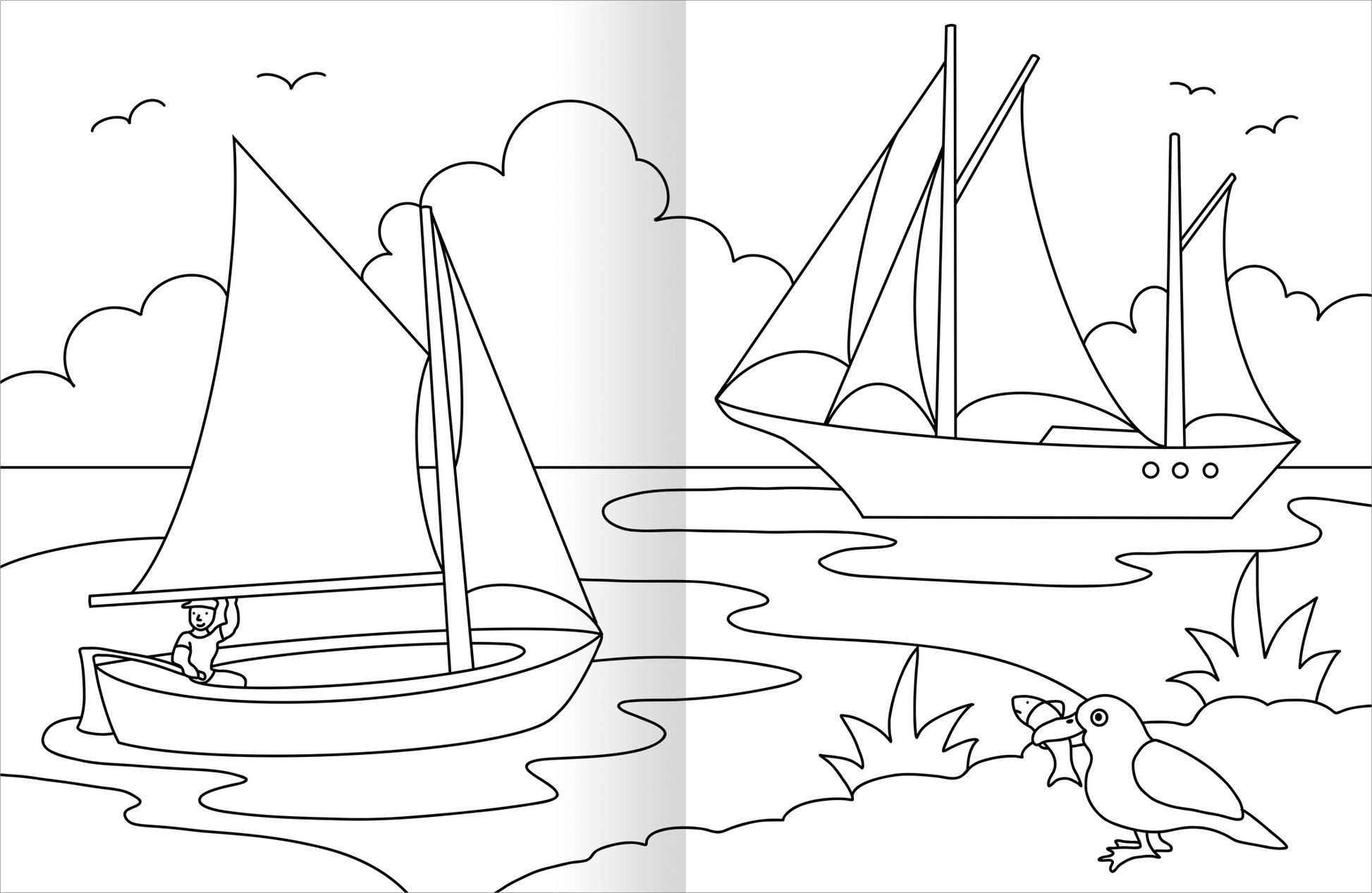 Gezeigt wird eine Innen- oder Zusatzansicht von „Malbuch Fahrzeuge“. Die Illustration zeigt eine ruhige Wasserszene mit zwei Segelbooten, eines mit einer Figur, die an einem Steuer steht, und eines im Hintergrund. Umgeben sind die Boote von einem sanften Landschaftshorizont und Wolken. Im Vordergrund sitzt ein Vogel auf einer Wiese. Die Zeichnung ist in Schwarzweiß gehalten, mit klaren, kräftigen Linien, die zum Ausmalen anregen.