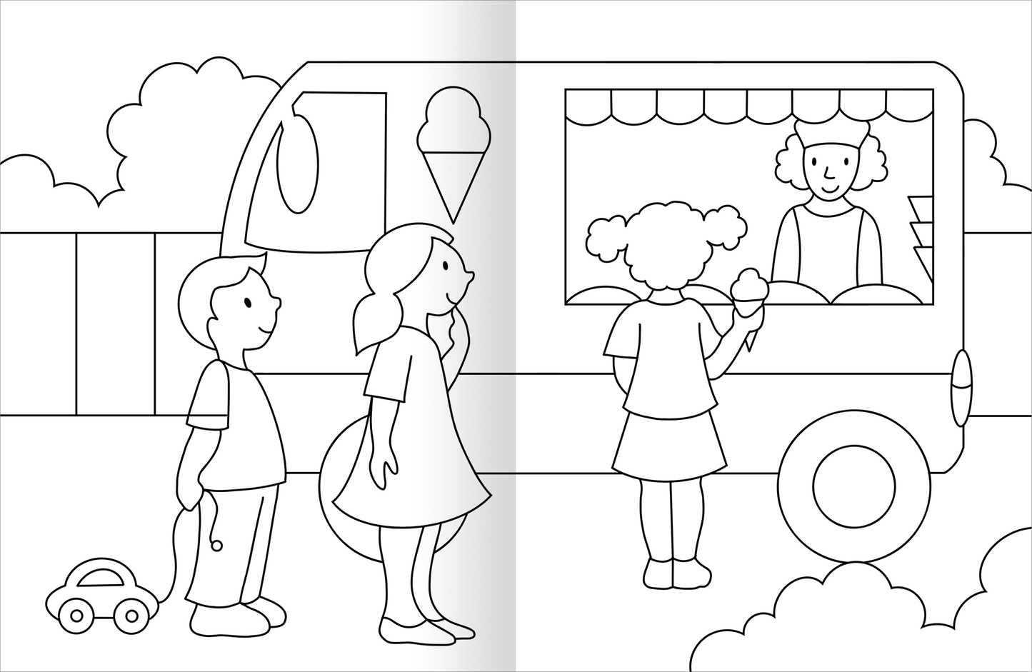 Gezeigt wird eine Innen- oder Zusatzansicht von „Malbuch Fahrzeuge“. Die Illustration zeigt ein Eiswagen-Szenario mit zwei Kindern, die vor dem Wagen stehen. Ein Junge hält ein Spielzeugauto in der Hand, während ein Mädchen mit einem Eis in der Hand staunt. Im Hintergrund sind wolkenartige Formen und Bäume angedeutet. Die Zeichnung ist in klaren Linien gehalten und bietet Platz für die Farben, die die Kinder ausmalen können.