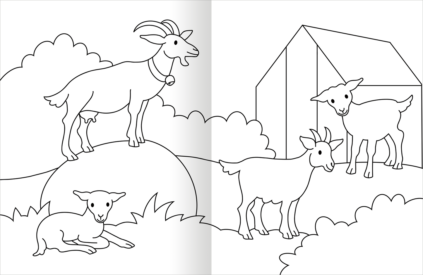 Gezeigt wird eine Innen- oder Zusatzansicht von „Malbuch Bauernhof“. Die Seite zeigt verschiedene Ziegen in einem ländlichen Umfeld, umgeben von sanft geschwungenen Büschen und einem einfachen Stall im Hintergrund. Die Ziegen sind in klaren Linien gezeichnet, ohne Farbfülle, was zum Ausmalen einlädt. Die Typografie ist kindgerecht und in großen, klaren Buchstaben gehalten. Die insgesamt freundliche Komposition fördert Kreativität und Spielspaß.