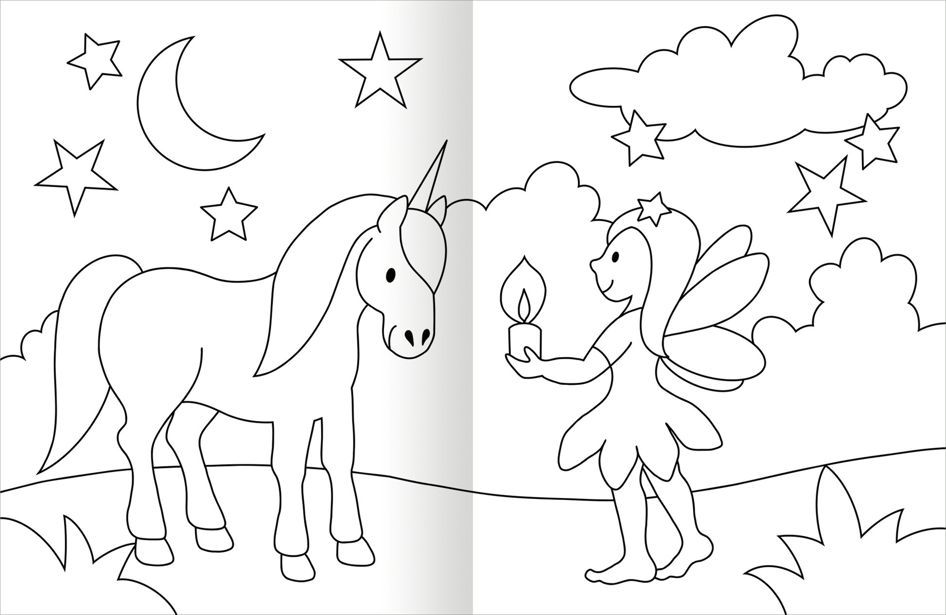 Gezeigt wird eine Innen- oder Zusatzansicht von „Malbuch Feen & Einhörner“. Die Abbildung zeigt eine verträumte Szene mit einem Einhorn und einer Fee, die eine Kerze hält. Das Einhorn steht links und hat eine geschwungene Mähne sowie ein imposantes Horn. Die Fee auf der rechten Seite trägt ein Blütenkostüm und hat zarte, geschwungene Flügel. Im Hintergrund sind Wolken, Sterne und ein Halbmond zu sehen. Die Elemente sind in einer klaren, vereinfachten Schwarz-Weiß-Gestaltung...