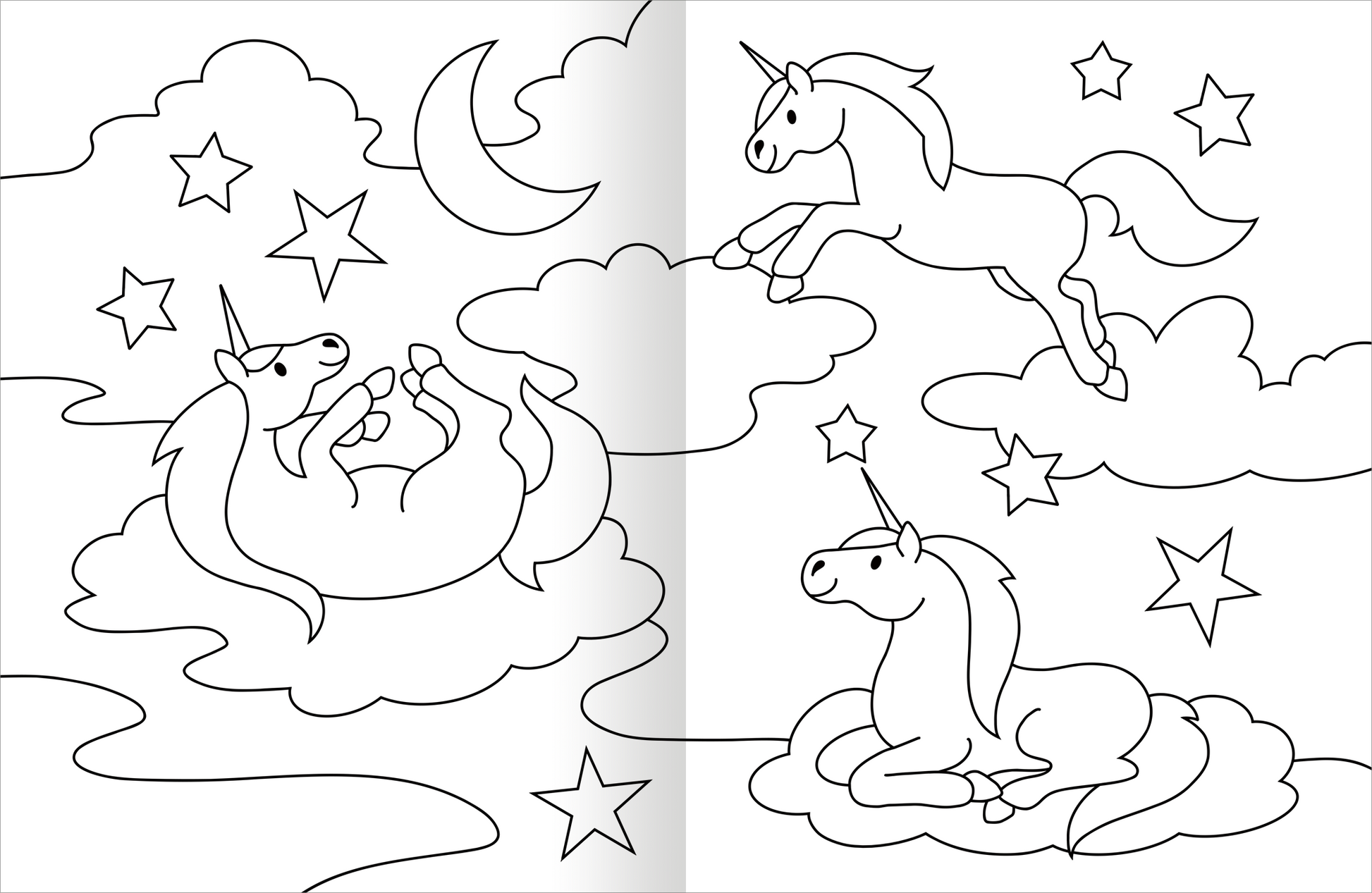 Gezeigt wird eine Innen- oder Zusatzansicht von „Malbuch Feen & Einhörner“. Die Illustration zeigt eine traumhafte Szene mit drei Einhörnern, die sich in einer Wolkenlandschaft tummeln. Der Hintergrund ist mit Sternen und einem Halbmond gestaltet. Die Zeichnungen sind in klaren Umrissen gehalten und laden zum Ausmalen ein.