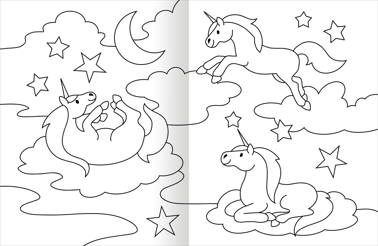 Gezeigt wird eine Innen- oder Zusatzansicht von „Malbuch Feen & Einhörner“. Die Illustration zeigt eine traumhafte Szene mit drei Einhörnern, die sich in einer Wolkenlandschaft tummeln. Der Hintergrund ist mit Sternen und einem Halbmond gestaltet. Die Zeichnungen sind in klaren Umrissen gehalten und laden zum Ausmalen ein.
