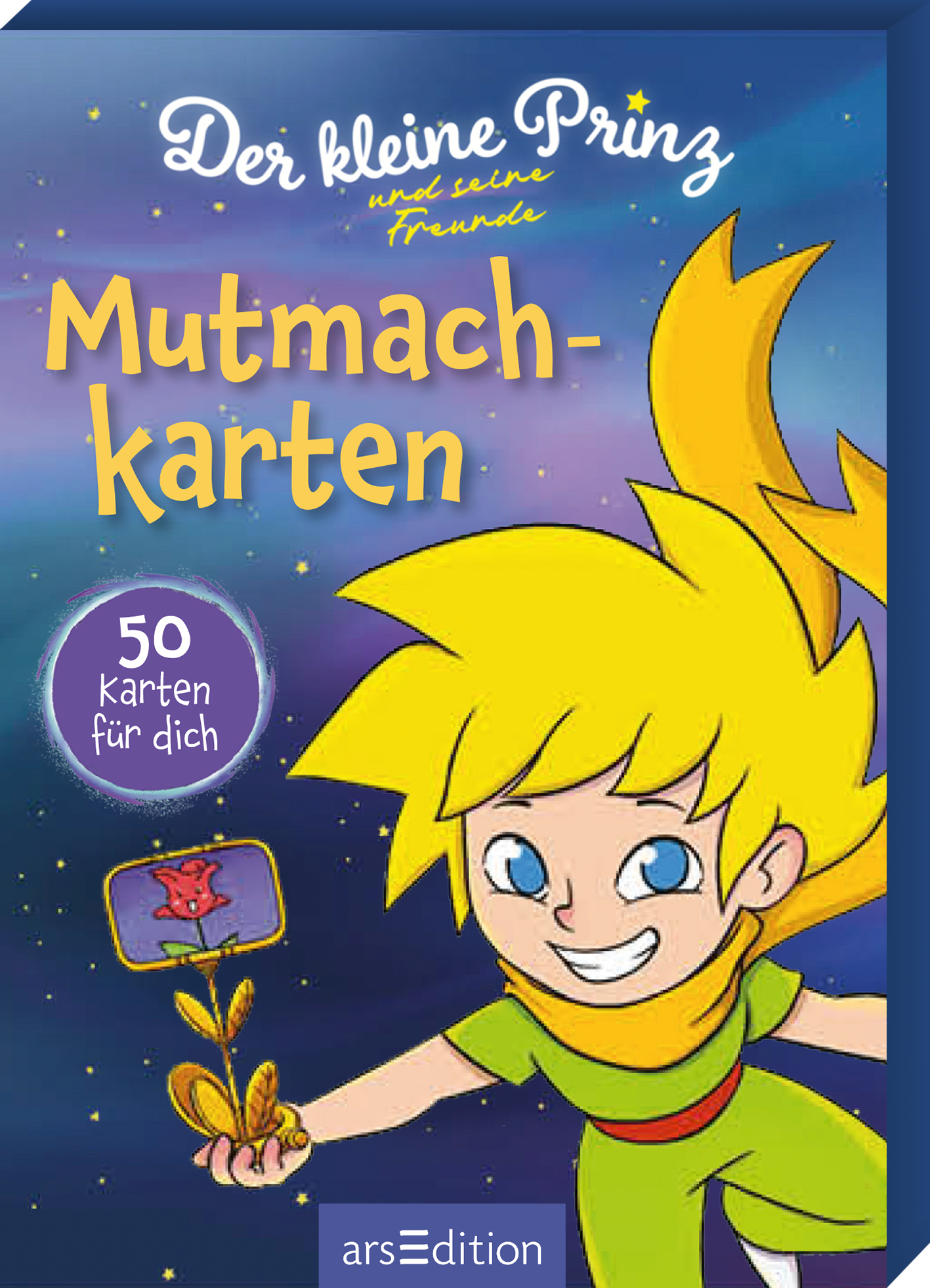Das Buchcover zeigt einen bunten, kindgerechten Stil mit einem fröhlichen Jungen, der kurzes, leuchtend gelbes Haar hat und eine grüne Blume in der Hand hält. Über ihm steht in verspielter, gelber Schrift „Der kleine Prinz und seine Freunde“, während der Titel „Mutmachkarten“ in großen, auffälligen Buchstaben darunter erscheint. Der Hintergrund ist in Dunkelblau gehalten, und es funkeln kleine Sterne. Ganz unten mittig steht der Logoschriftzug von arsEdition.