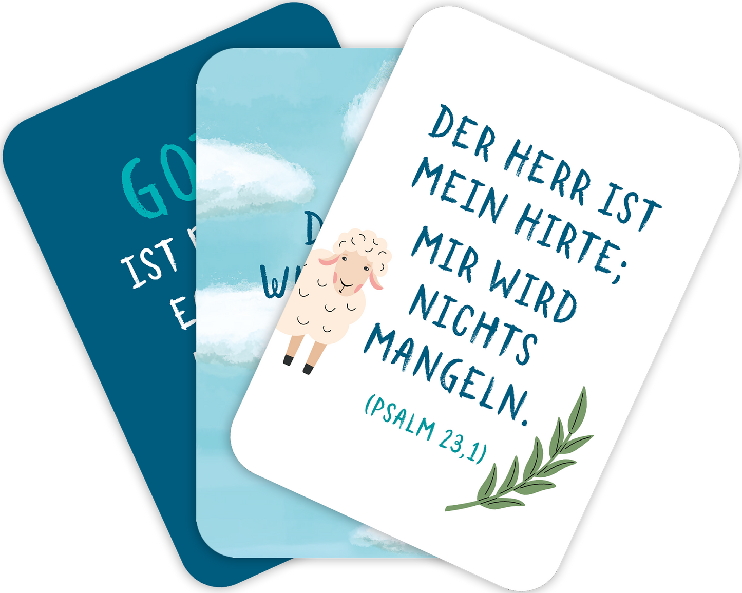 Gezeigt wird eine Innen- oder Zusatzansicht von „Affirmationskarten zur Erstkommunion“. Die Karten haben kräftige Farben wie Blau und Weiß. Eine Karte zeigt den Text „DER HERR IST MEIN HIRTE; MIR WIRD NICHTS MANGELN.“ in einer modernen Schriftart, ergänzt durch eine Abbildung eines Schafes. Eine weitere Karte ist in sanften Blau-Tönen gehalten, mit Wolkenmustern. Die Typografie ist klar und gut lesbar, ideal für Kinder und Erwachsene.