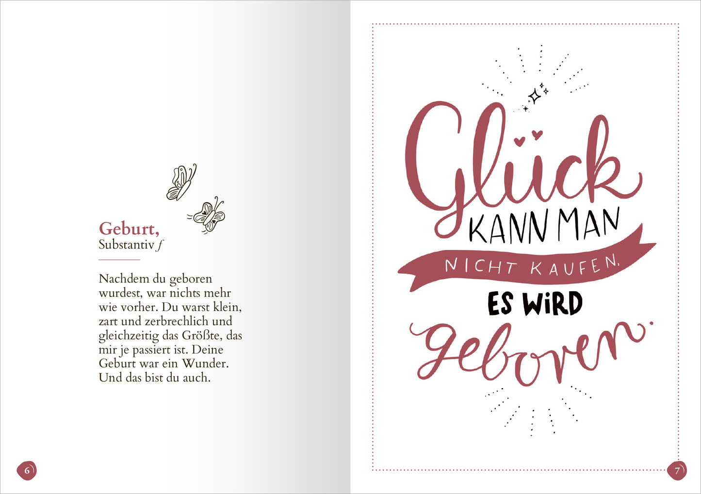 Gezeigt wird eine Innenansicht von „Lieblingstochter (Substantiv, f)“. Auf der linken Seite befindet sich ein erklärender Text zur „Geburt“, in einer klaren, gut lesbaren Schriftart in schwarzer Farbe. Daneben sind zeichnerische Elemente wie kleine Blumen. Auf der rechten Seite prangt ein farbiger Schriftzug „Glück kann man nicht kaufen, es wird geboren“ in einem warmen, rotton mit dekorativen, handschriftlichen Akzenten. Der Hintergrund ist hell und unterstützt die leichte...