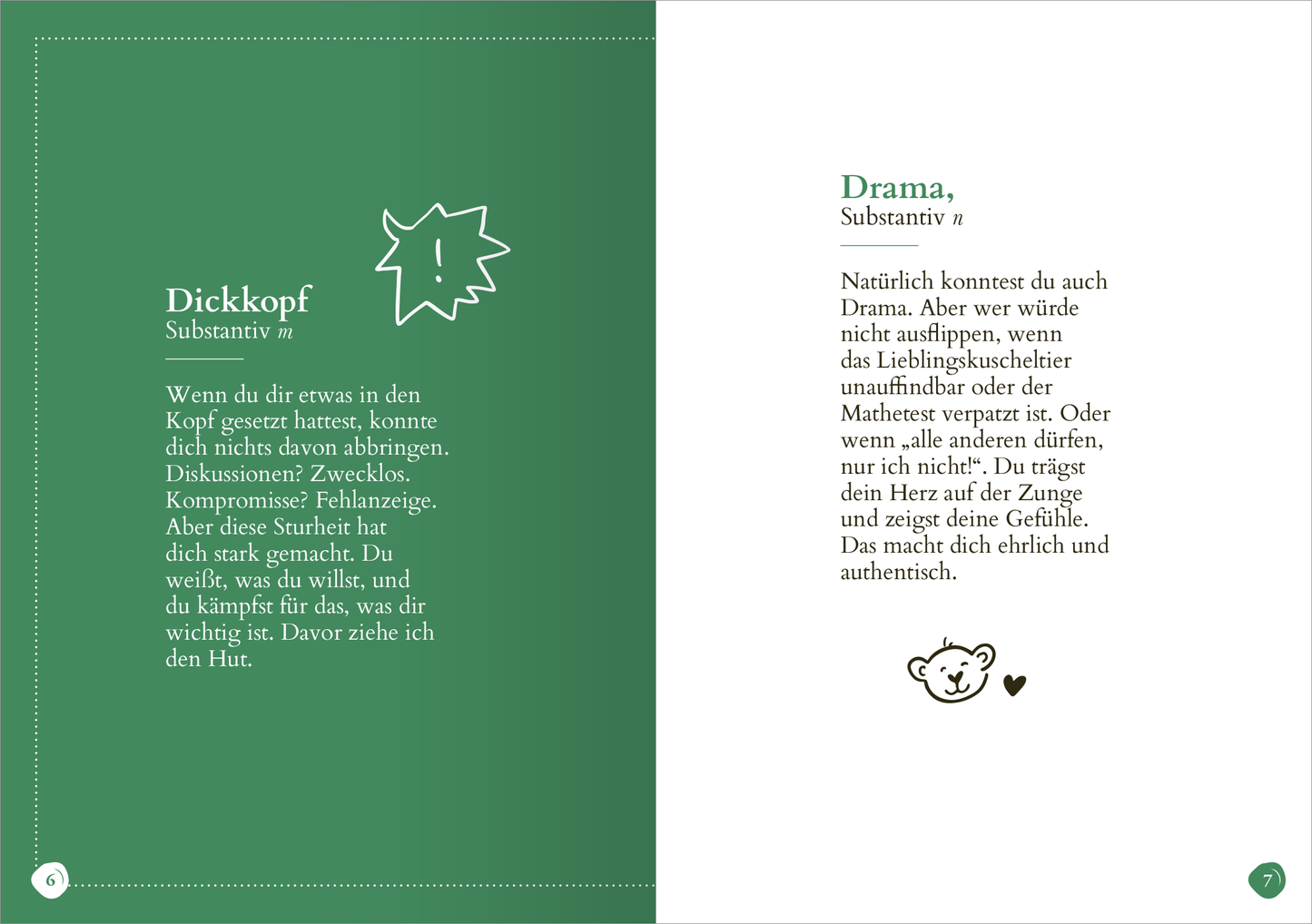 Gezeigt wird eine Innen- oder Zusatzansicht von „Lieblingssohn (Substantiv, m)“. Die Seite hat einen sanften grünen Hintergrund und ist in zwei Spalten unterteilt. Links steht das Wort „Dickkopf“ in großer, klarer Schrift, begleitet von einer skizzierten Sprechblase und einer grafischen Darstellung. Rechts wird das Wort „Drama“ ebenfalls in ansprechender, gut leserlicher Typografie präsentiert. Beide Begriffe sind von erklärenden Texten umgeben, die in neutraler Farbe verfasst...