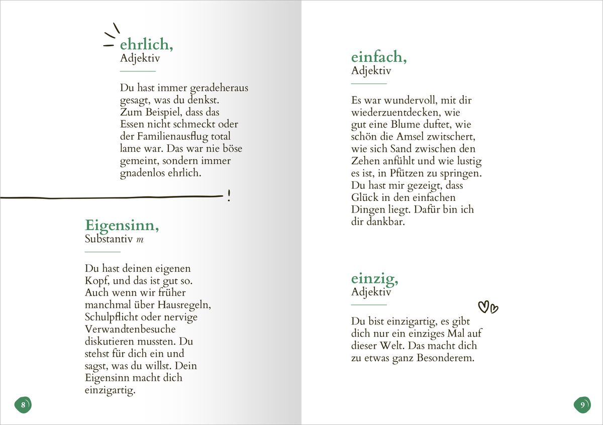 Gezeigt wird eine Innenansicht von „Lieblingssohn“. Die Seite ist in hellen, sanften Farben gehalten, mit einer weißen Hintergrundfarbe, die einen klaren und übersichtlichen Eindruck vermittelt. Links sind die Adjektive „ehrlich“ und „einfach“ in klarer, moderner Typografie in grüner Schrift dargestellt, während die Erklärungen in schwarzer Schrift erscheinen. Auf der rechten Seite stehen ebenfalls Adjektive und deren Beschreibungen, was die Seiten symmetrisch und harmonisch...