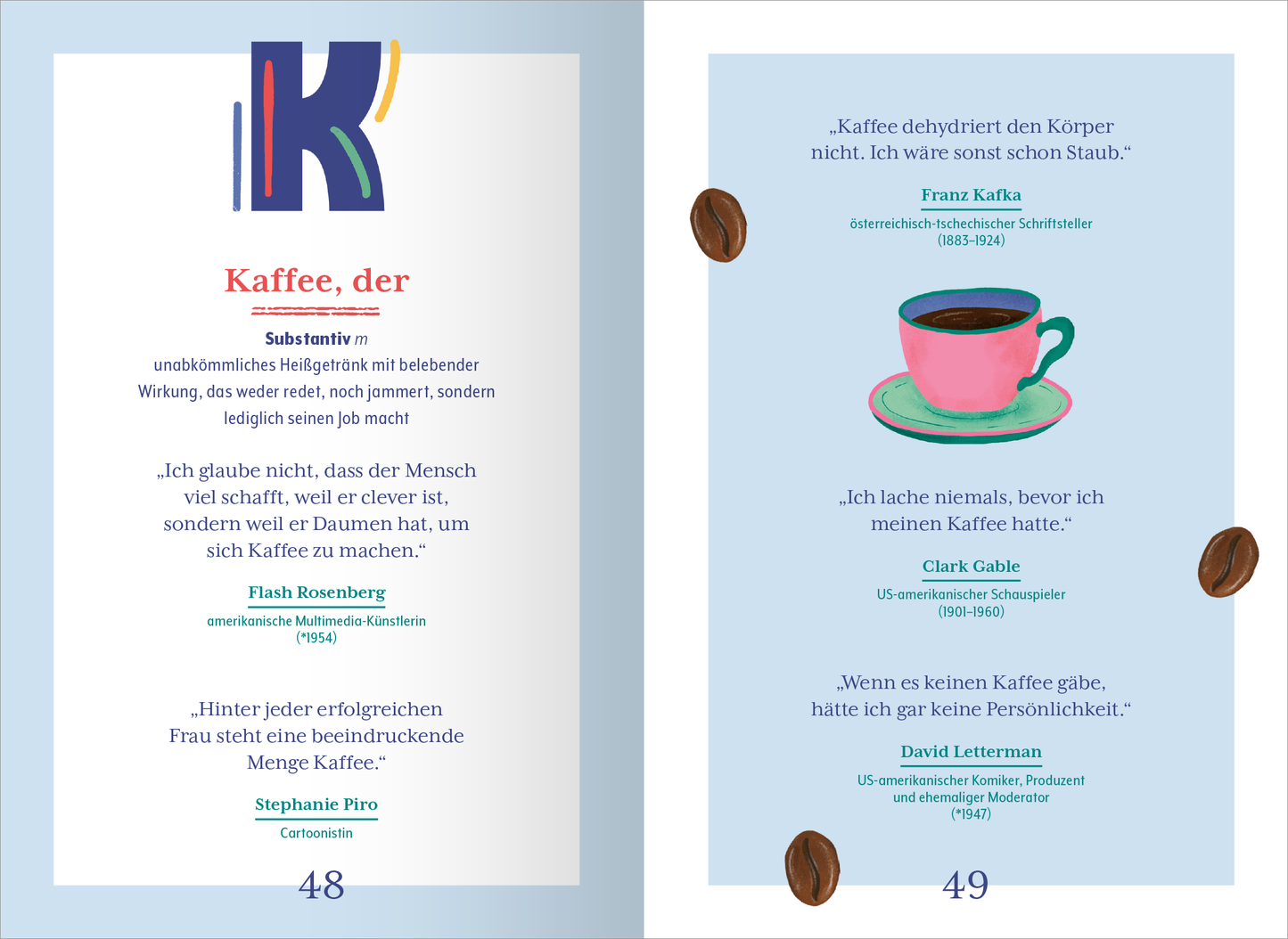 Gezeigt wird eine Innen- oder Zusatzansicht von „Wörterbuch für den Büroalltag“. Die linke Seite ist mit einem bunten, großen Buchstaben „K“ in Blau, Gelb und Rot gestaltet. Darunter steht das Wort „Kaffee“ in roter Schrift und eine Definition in schwarzer Schrift. Zitate von verschiedenen Persönlichkeiten sind in blauer Schrift auf der rechten Seite angeordnet, die durch eine Illustration einer pinken Tasse mit Kaffee ergänzt werden. Kaffeebohnen sind am unteren Rand der...