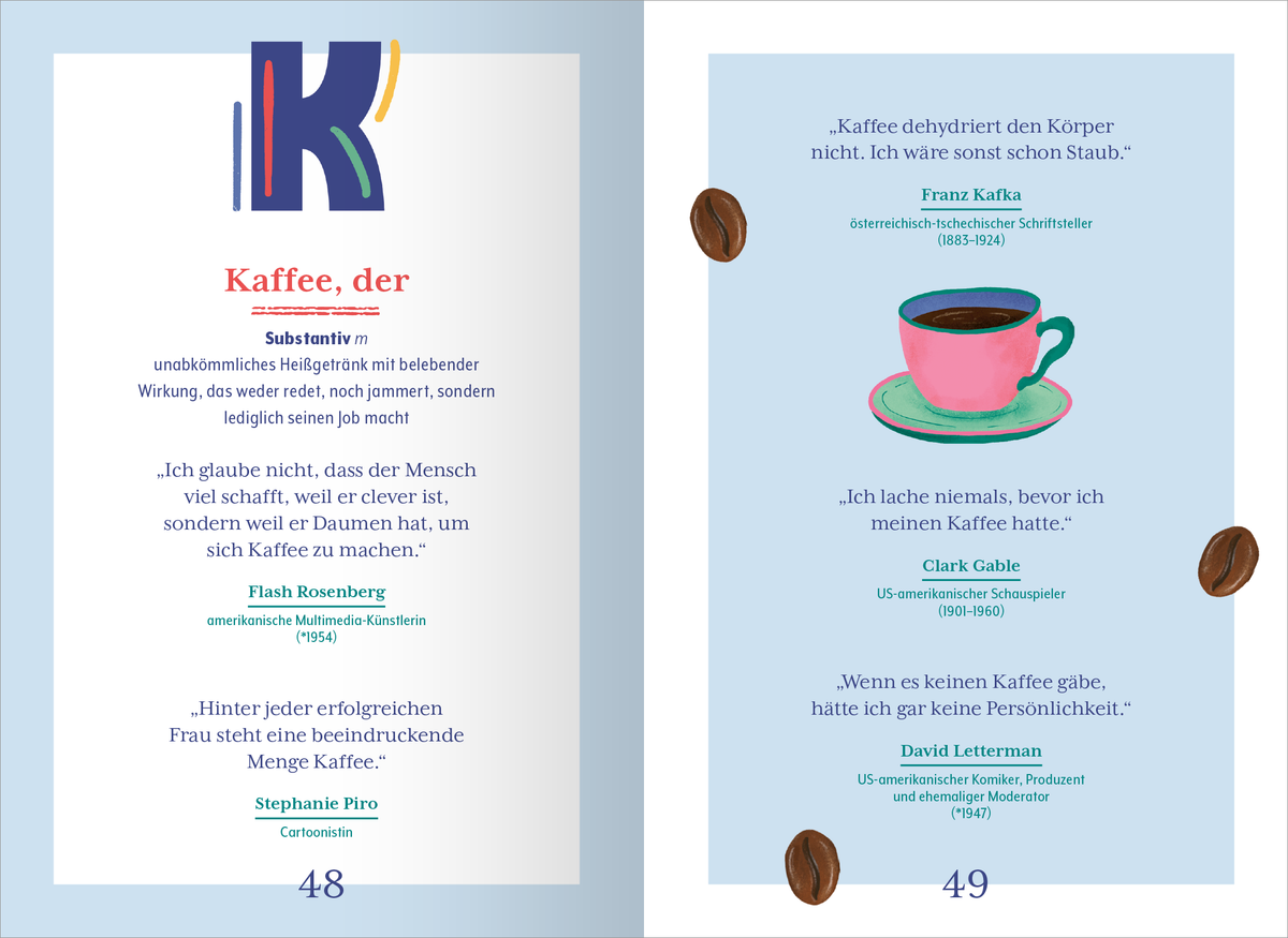 Gezeigt wird eine Innen- oder Zusatzansicht von „Wörterbuch für den Büroalltag“. Die linke Seite ist mit einem bunten, großen Buchstaben „K“ in Blau, Gelb und Rot gestaltet. Darunter steht das Wort „Kaffee“ in roter Schrift und eine Definition in schwarzer Schrift. Zitate von verschiedenen Persönlichkeiten sind in blauer Schrift auf der rechten Seite angeordnet, die durch eine Illustration einer pinken Tasse mit Kaffee ergänzt werden. Kaffeebohnen sind am unteren Rand der...