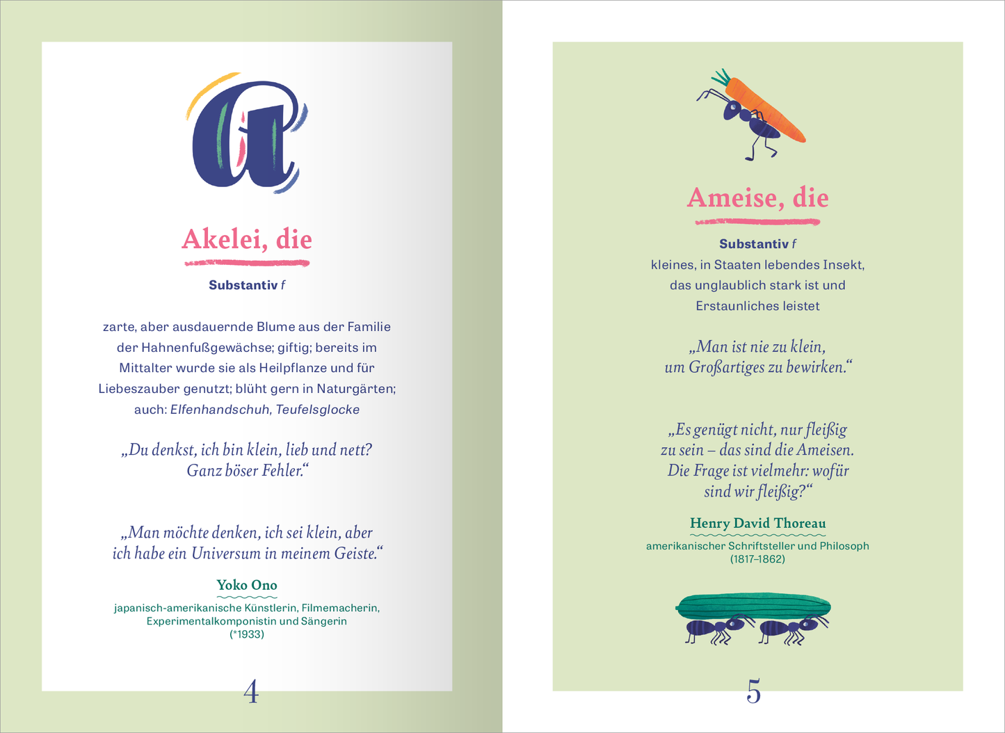 Gezeigt wird eine Innen- oder Zusatzansicht von „Wörterbuch für kluge Gartenliebhaber“. Auf der linken Seite steht das Wort „Akelei“ in einer bunten, großen Schrift mit stilisierten Buchstaben. Darunter sind die Wortart und eine kurze Erklärung in sanften Farben abgedruckt. Die rechte Seite zeigt das Wort „Ameise“ in derselben Schriftart, ergänzt mit einer farbenfrohen Illustration einer Ameise und einer Karotte. Der Hintergrund ist in einem sanften Grünton gehalten, was eine...