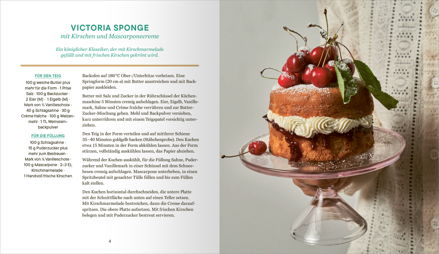 Gezeigt wird eine Innen- oder Zusatzansicht von „More than a Cup of Tea“. Der Fokus liegt auf einem kunstvoll angerichteten Victoria Sponge, der auf einem eleganten, durchsichtigen Haarschnittteller präsentiert wird. Der Kuchen ist golden gebacken, mit einer dekorativen Schicht aus heller Sahne und frischen Kirschen sowie Minzblättern garniert. Die Schriftart ist modern und klar, mit einer Mischung aus grünen und schwarzen Farbtönen, die eine einladende und stilvolle Gestaltung...