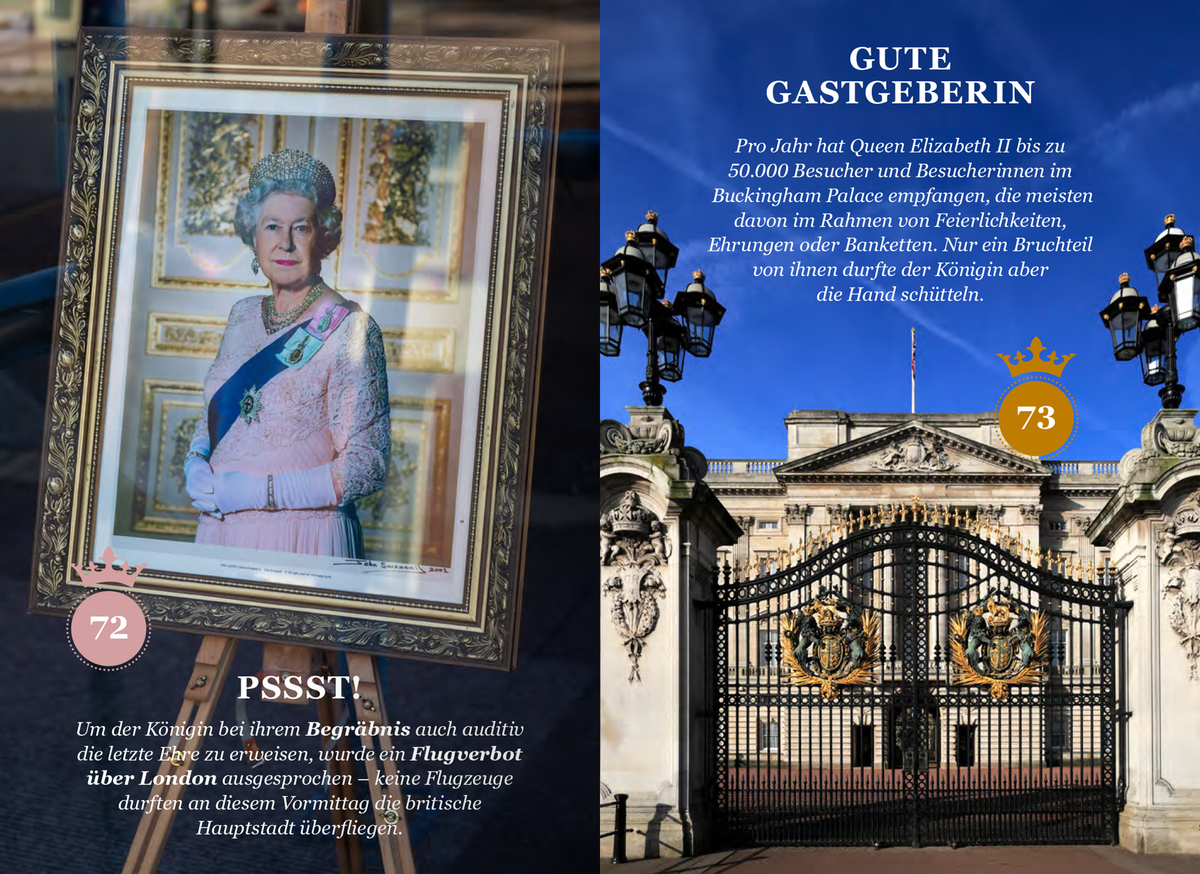 Gezeigt wird eine Innen- oder Zusatzansicht von „God Save THE QUEEN“. Die Seite zeigt eine ansprechende Kombination aus Text und Bildern. Links ist ein gerahmtes Porträt von Königin Elizabeth II. zu sehen, umgeben von goldenen Verzierungen. Rechts befindet sich ein majestätisches Foto des Buckingham Palace mit geschlossener Eisenzaunfront, das im Vordergrund den Titel „GUTE GASTGEBERIN“ in großer, eleganter Schrift präsentiert. Die Farbpalette umfasst warme Goldtöne und sanfte...