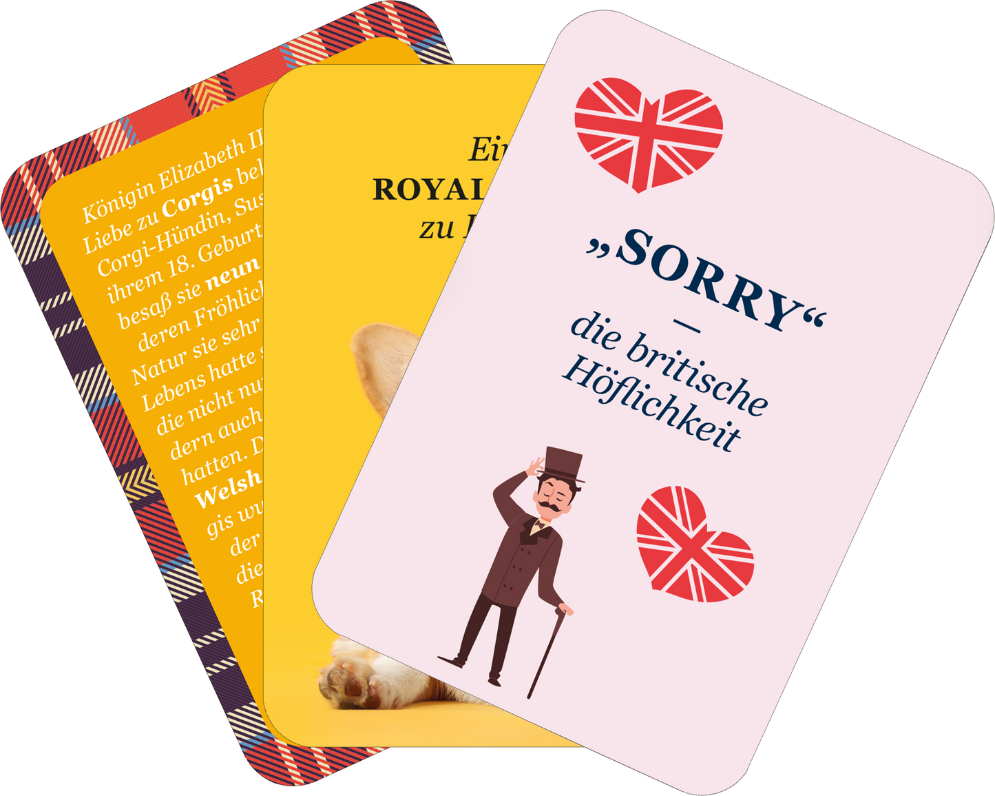 Gezeigt wird eine Innen- oder Zusatzansicht von „It´s so very British!“. Die Ansicht zeigt mehrere Karten in verschiedenen Farben und Designs. Eine Karte in sanftem Rosa präsentiert das Wort „Sorry“ in einer eleganten, großen Schrift und zeigt ein grafisches Motiv mit Herzen in den Farben der britischen Flagge. Eine gelbe Karte enthält einen informativen Text, während eine weitere Karte mit einem karierten Rand Informationen über Königin Elizabeth und ihre Corgis bietet. Die...