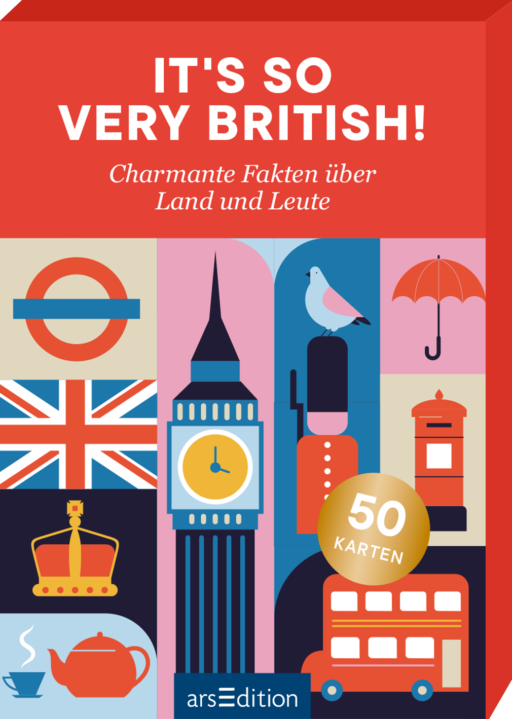 Das Buchcover zeigt einen bunten, grafischen Stil mit typischen britischen Symbolen, darunter der Big Ben, eine Teekanne und eine rote Doppeldeckerbus. Der Hintergrund ist in einem harmonischen Hell- und Dunkelblau gehalten, während der obere Teil des Covers in leuchtendem Rot erscheint. Der Titel „IT'S SO VERY BRITISH!“ ist in einer freundlichen, weißen Schrift gestaltet. Darunter steht der Untertitel „Charmante Fakten über Land und Leute“ in etwas kleinerer Schrift. Ganz unten...