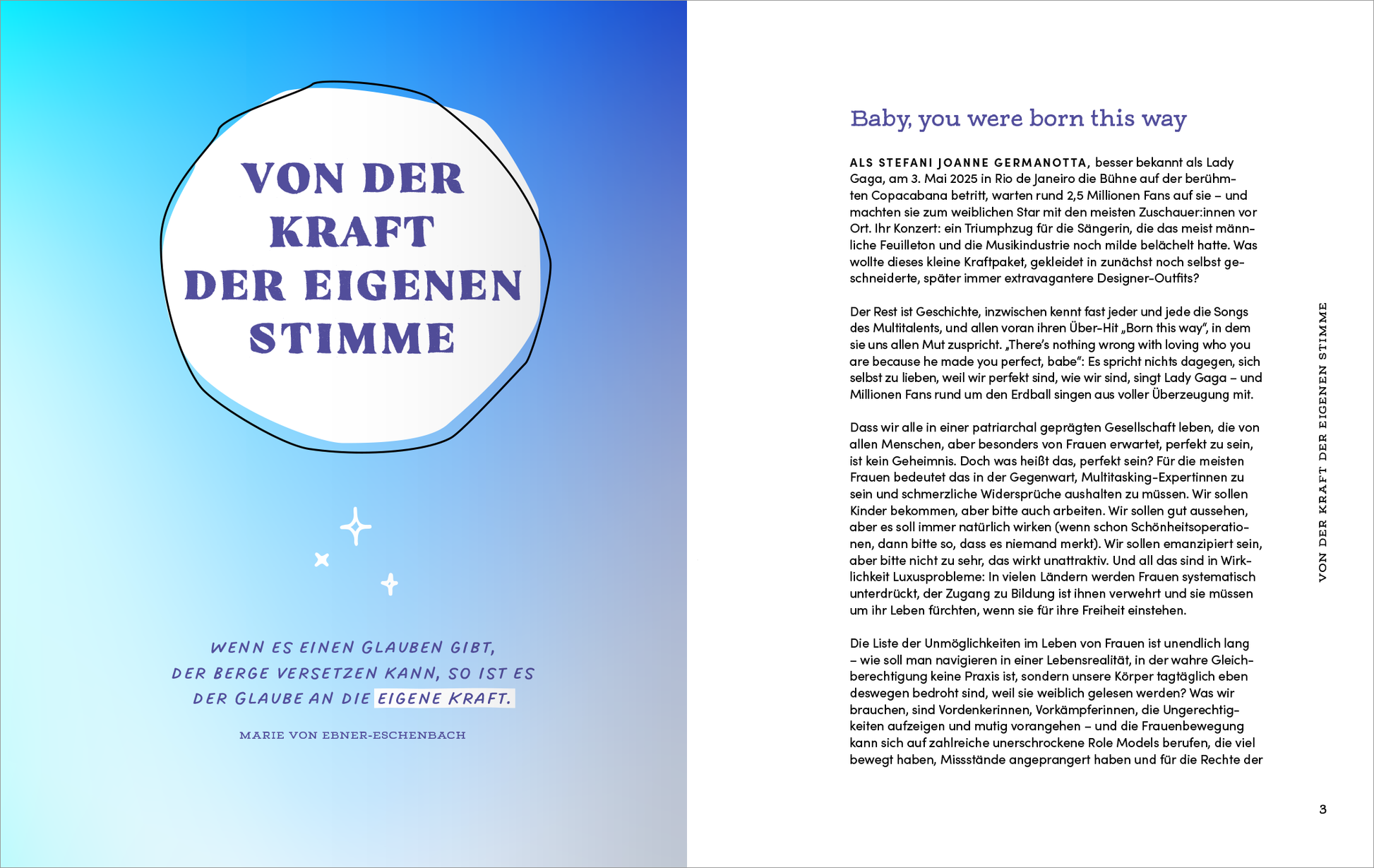 Gezeigt wird eine Innenansicht von „Mut verändert alles“. Die linke Seite präsentiert einen sanften Farbverlauf von Blau zu Weiß, ergänzt durch eine große, ovale Überschrift in kräftigem Dunkelblau: „VON DER KRAFT DER EIGENEN STIMME“. Darunter steht in kleinerer Schrift ein Zitat in hellerem Blau. Die rechte Seite enthält einen Fließtext in gut leserlicher Schwarzschrift auf weißem Hintergrund, der durch eine persönliche Ansprache und beruhigende Farbtöne ergänzt wird.