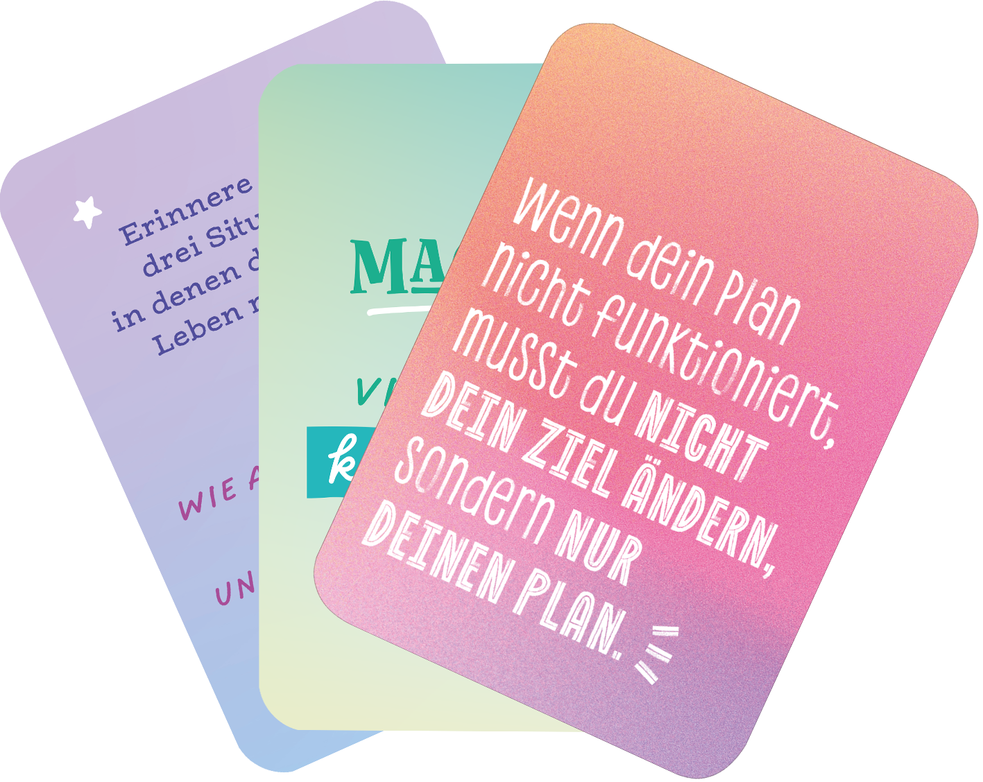 Gezeigt wird eine Innen- oder Zusatzansicht von „Mut ist deine Superkraft“. Die Ansicht zeigt drei Karten mit unterschiedlichen Hintergründen und Texten. Die linke Karte hat einen lila Farbton mit einem inspirierenden Zitat, die mittlere Karte ist hellgrün mit dem Wort „Mut“ in einer markanten Schriftart und die rechte Karte verläuft von Pink zu Orange und enthält den Satz: „Wenn dein Plan nicht funktioniert, musst du nicht dein Ziel ändern, sondern nur deinen Plan“ in einer...