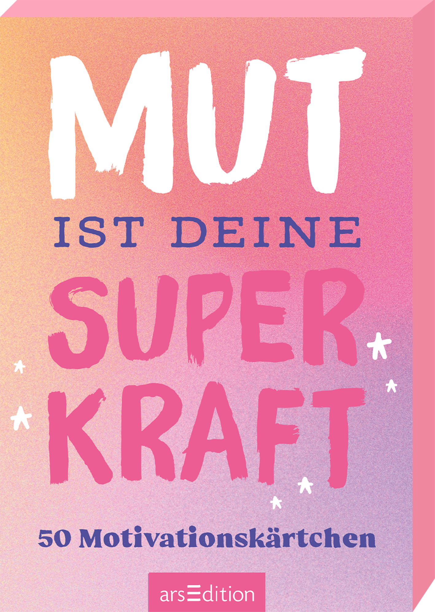 Das Buchcover zeigt einen sanften Farbverlauf von lila zu rosa. Im oberen Bereich steht in großen, weißen Buchstaben der Titel „MUT IST DEINE“. Darunter in leuchtendem Pink prangt das Wort „SUPERKRAFT“, wobei die Schrift dynamisch und verspielt wirkt. Am unteren Rand ist der Zusatz „50 Motivationskärtchen“ in blauer Schrift sichtbar. Oben links ist ein SPIEGEL-Bestseller-Button abgebildet. Ganz unten mittig steht der Logoschriftzug von arsEdition.