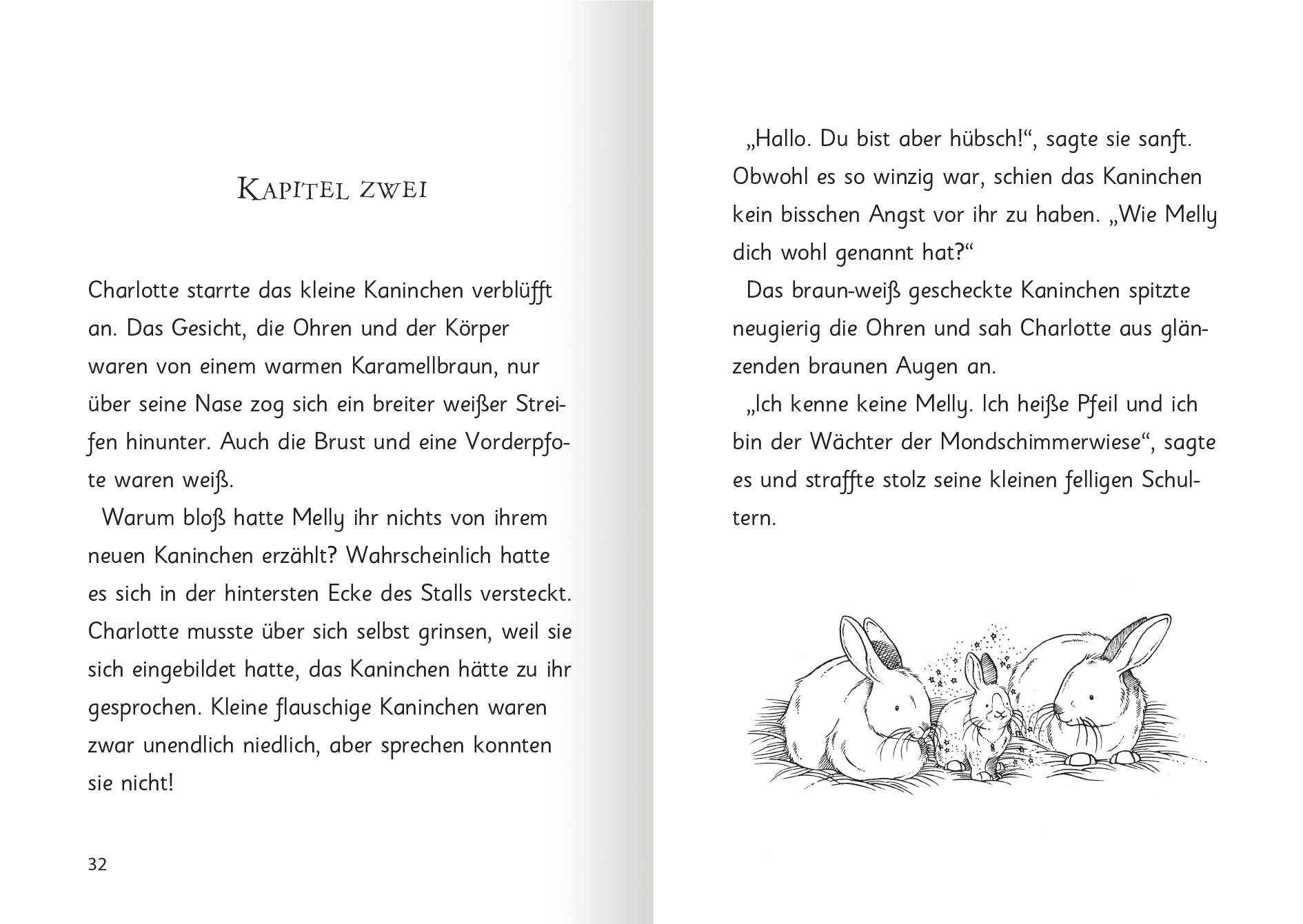 Gezeigt wird eine Innen- oder Zusatzansicht von „Magische Häschen – Schokosüße Abenteuer“. Die Seite zeigt den Titel „Kapitel zwei“ in einer großen, verspielten Schriftart, die leicht geschwungen ist. Der Text, der in fließender Schrift erscheint, beschreibt die kleinen Kaninchen. Links sind die Erzähltexte in dunklerer Schrift, während rechts eine zarte, handgezeichnete Illustration von Kaninchen mit neugierigen Augen und einem sanften Ausdruck zu sehen ist. Die Farbpalette...