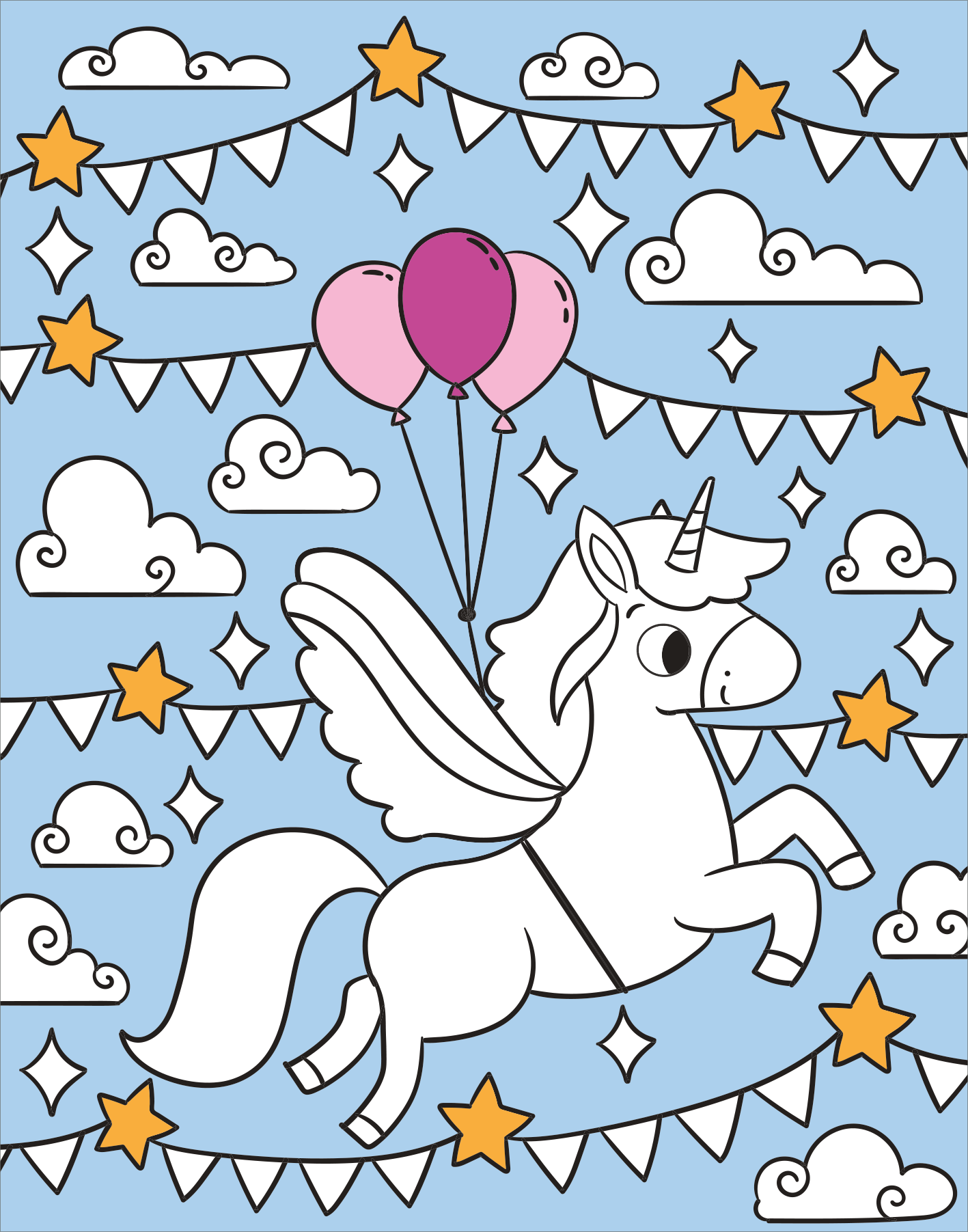 Gezeigt wird eine Innen- oder Zusatzansicht von „Diamant-Malbuch Einhörner“. Im Vordergrund schwebt ein weißes Einhorn mit Flügeln, das zwei pinke Ballons hält. Der Hintergrund ist in sanften Blau- und Grautönen gehalten und zeigt Wolken sowie orangefarbene Sterne. Die Illustrationen sind klar und einfach gehalten, mit dicken Linien, die das Ausmalen erleichtern. Die verspielte Typografie vermittelt ein fröhliches Gefühl und spricht eine junge Zielgruppe an.