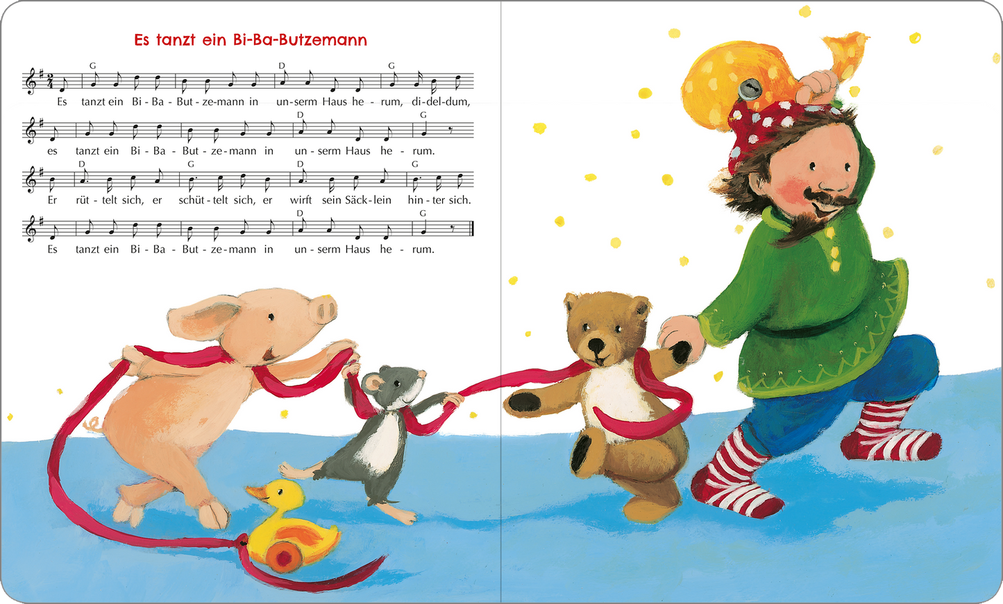 Gezeigt wird eine Innenansicht von „Zehn kleine Zappelfinger“. Die Seite zeigt einen fröhlichen Mann mit einer bunten Mütze, der Tiere wie ein Schwein, einen Bären, eine Schnecke und eine Maus an bunten Schnüren führt. Über dem Bild befinden sich Noten zu einem Kinderlied. Die Farben sind lebhaft und einladend, mit viel Blau im Hintergrund und warmen Erdtönen bei den Tieren. Die Typografie ist klar und verspielt, passend zur Kinderthematik.