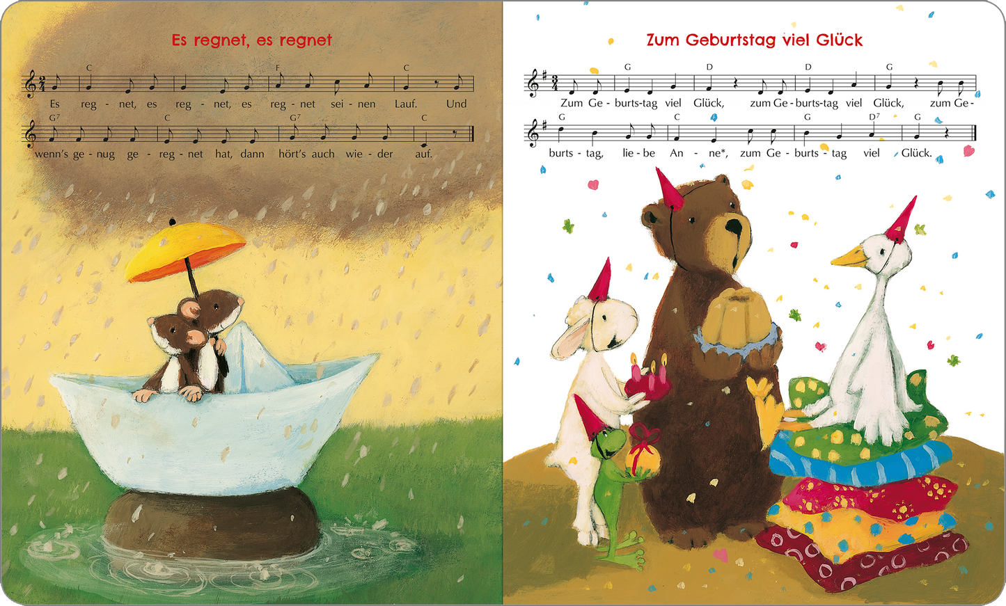 Gezeigt wird eine Innen- oder Zusatzansicht von „Zehn kleine Zappelfinger“. Die linke Seite zeigt eine Illustration eines kleinen Bären unter einem gelben Regenschirm, der in einem Boot sitzt. Der Hintergrund ist in warmen Brauntönen gehalten. Die rechte Seite präsentiert eine Feier mit einem Bären und anderen Tieren, die bunte Hüte tragen. Verschiedene Farben und festliche Elemente dominieren die Szene. Oben sind zwei Notenblätter mit Liedtexten abgedruckt, die die Illustrationen...