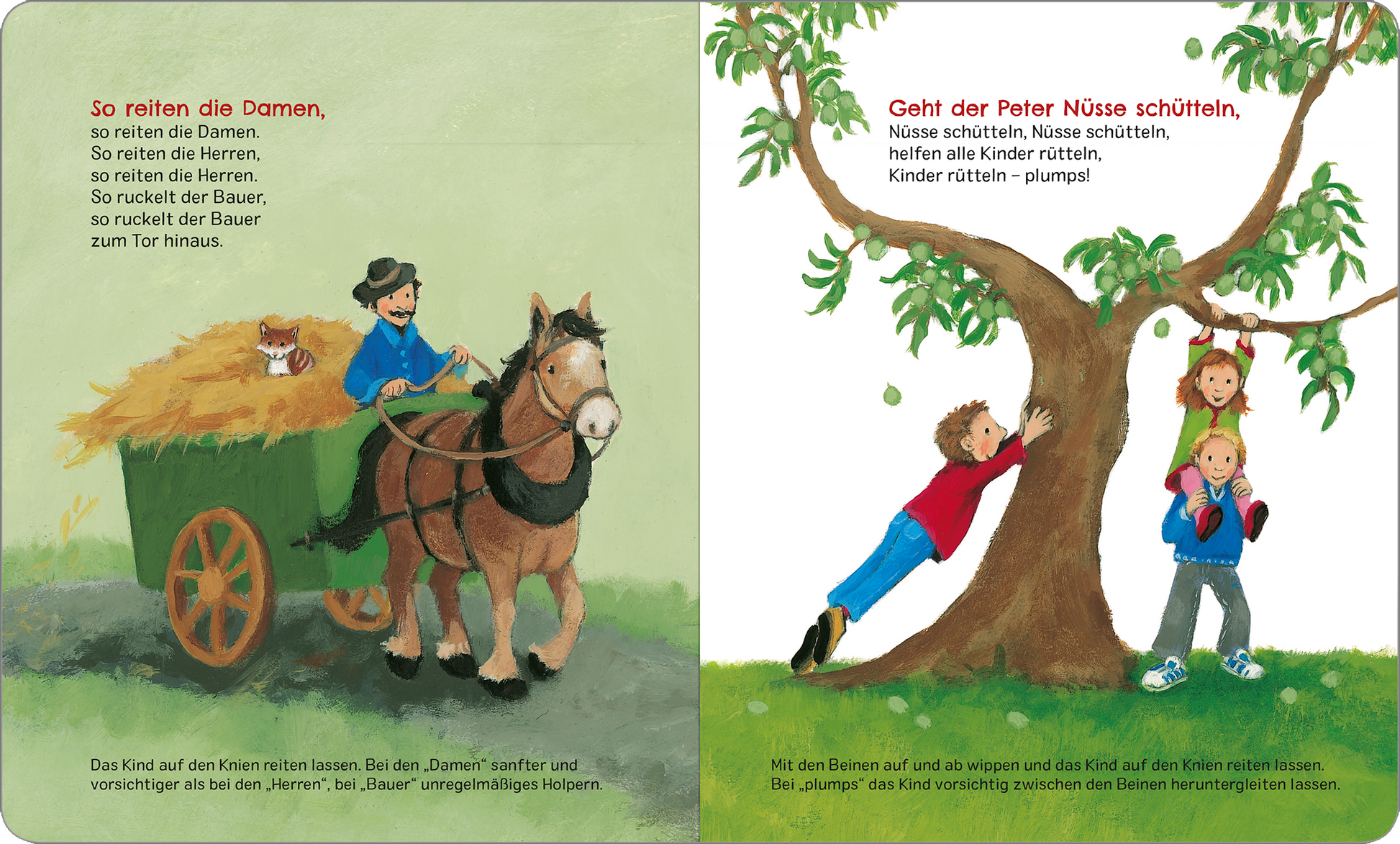 Gezeigt wird eine Innen- oder Zusatzansicht von „Zehn kleine Zappelfinger“. Links ist ein Bauer mit einem grünen Wagen zu sehen, der in die Landschaft fährt, begleitet von einem braunen Pferd. Der Bauer trägt einen schwarzen Hut und eine schlichte Kleidung. Rechts sind drei Kinder zu sehen, die unter einem großen, grünen Baum spielen. Der Baum hat dichte Blätter, und die Kinder sind bunt gekleidet, wobei das Mädchen in Rot hervortritt. Die Illustrationen sind lebhaft und freundlich.